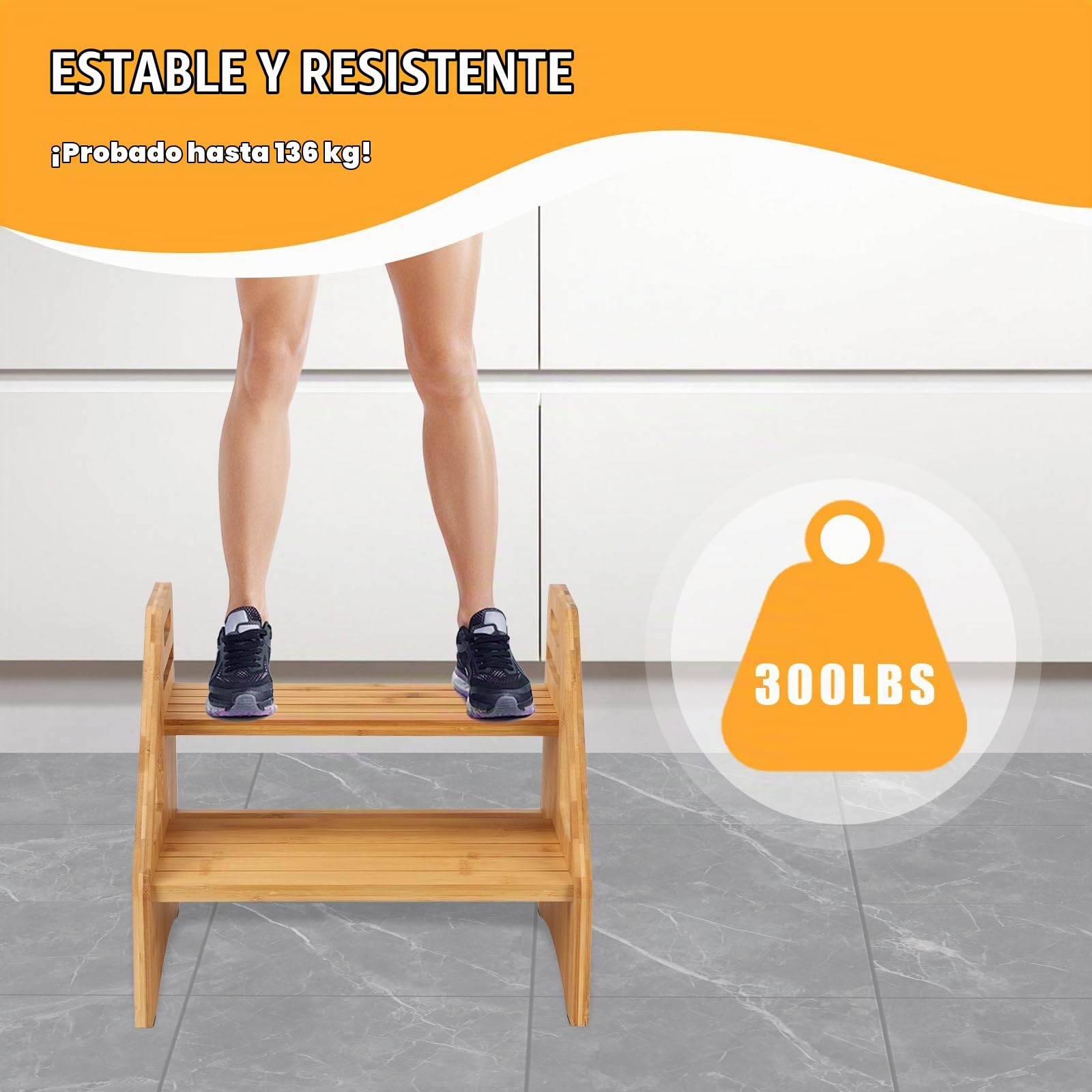 Tefola Escalera 2 Peldaños, Baño Escalon, Altura del Suelo Ajustable Escalon Peldaño, Soporta 300 Libras Escalera Madera, Taburete Escalera con asa Portátil