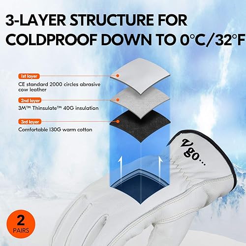 Miniatura 8 de Vgo... 3 pares de guantes de trabajo y conductor, de cuero de vaca sin forro, para trabajo pesado, conducción de camiones, almacén, jardinería,