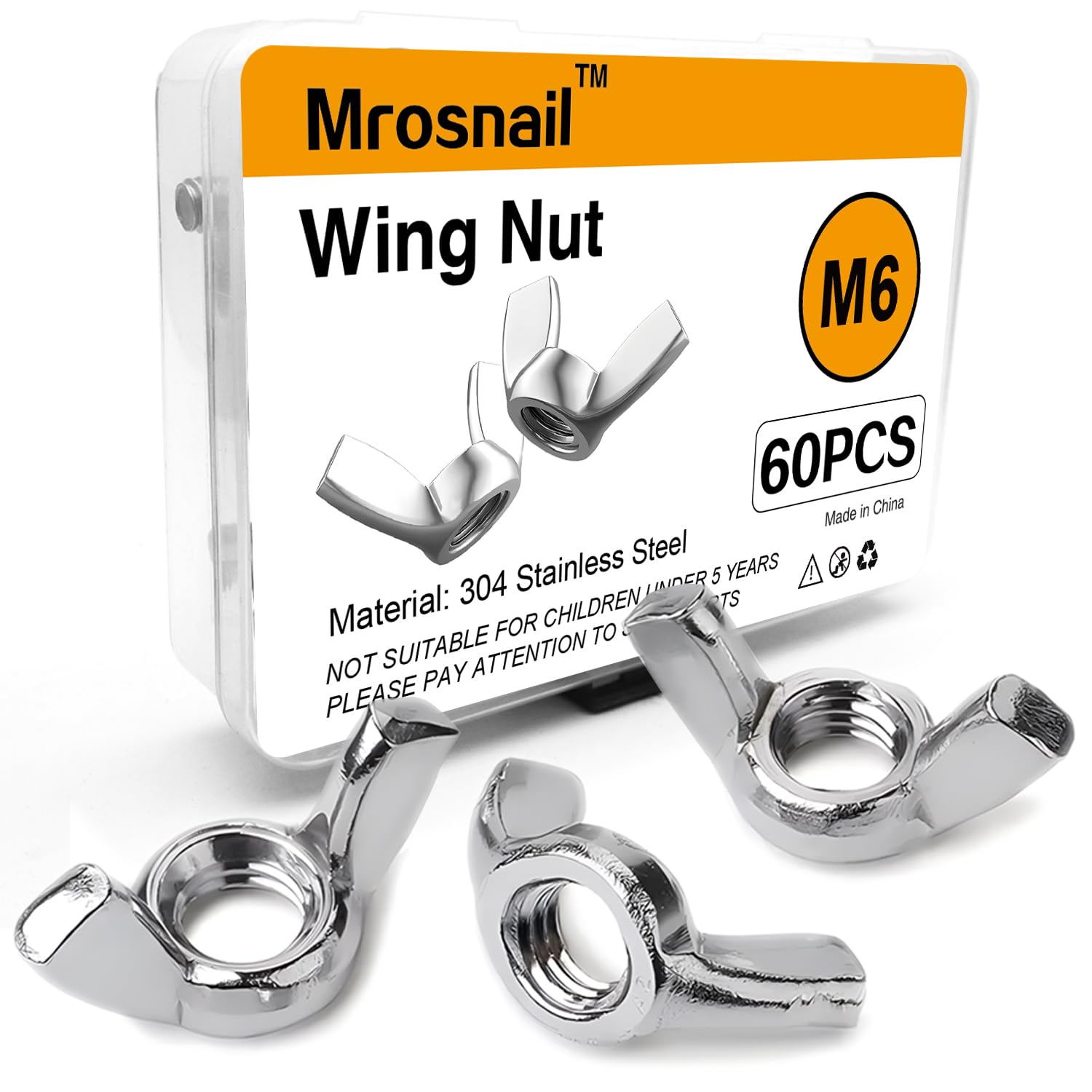 Mrosnail 60Pcs M6 Wing Nuts Kit - Stainless Steel Butterfly Wingnuts for Secure Hand Twist Fastening, Durable Construction