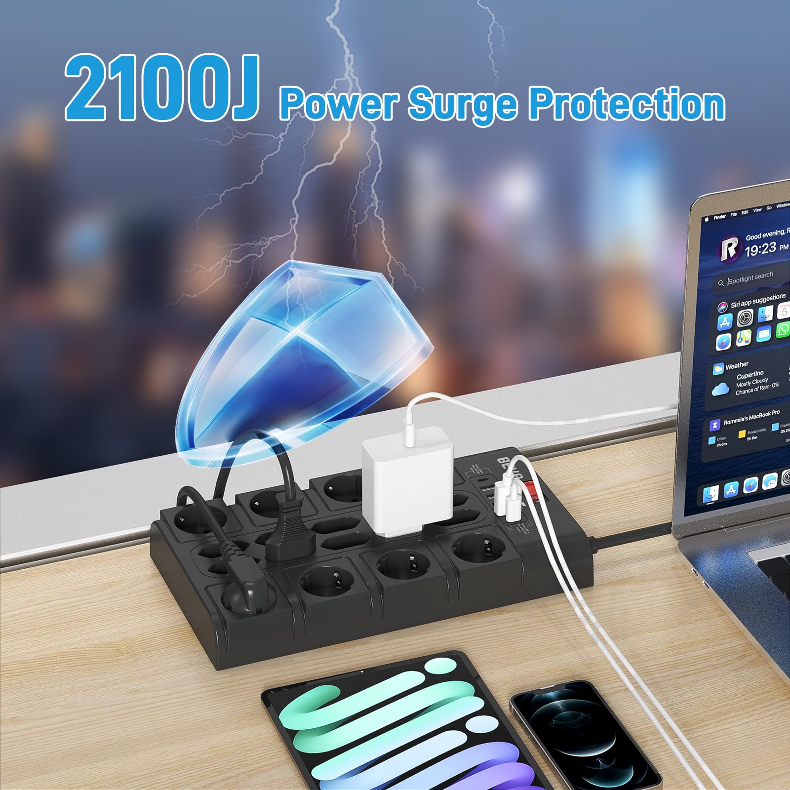 BEVA Regleta Enchufe con 2100J Protección Sobretensiones, Enchufe y 18 Toma | Regleta Multiple con 4 Puertos USB-A y 2 USB-C, Ladron Enchufe con Indicadores de Estado, 3680W/16A, 2M Cable