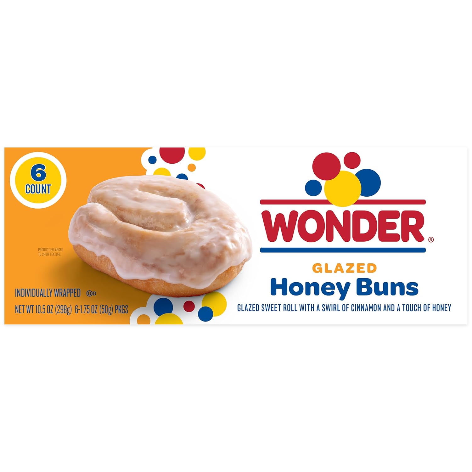 Wonder Glazed Honey Buns, Soft Individually Wrapped Pastry Snacks, 6 Count - Sweet Breakfast Treats