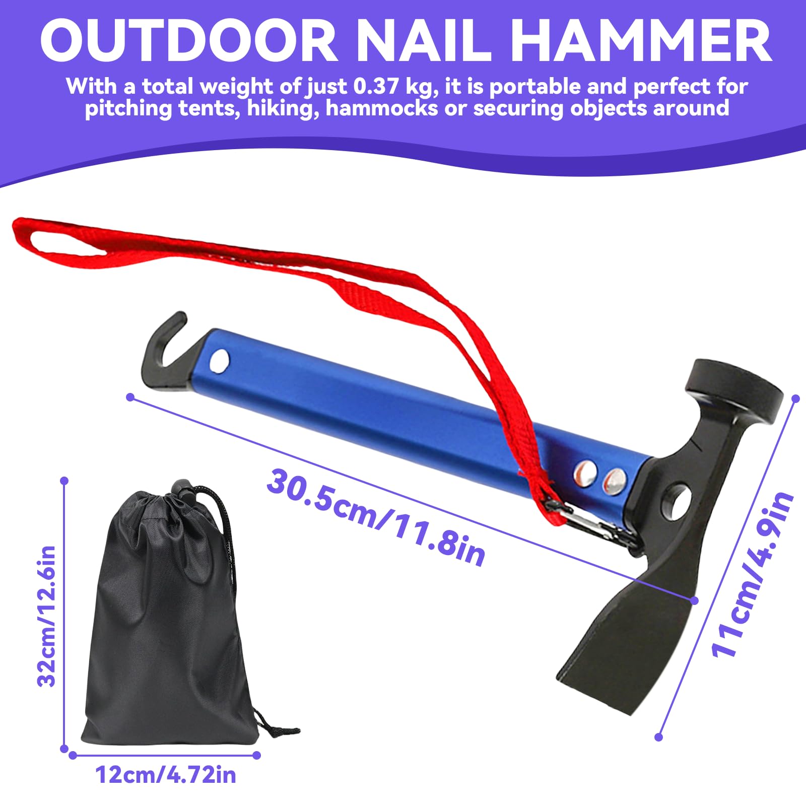 Marteau de camping, 30,5 cm, avec crochet et mini houe, marteau en aluminium, marteau de camping d'extérieur, multifonctionnel, avec sac de rangement, bleu