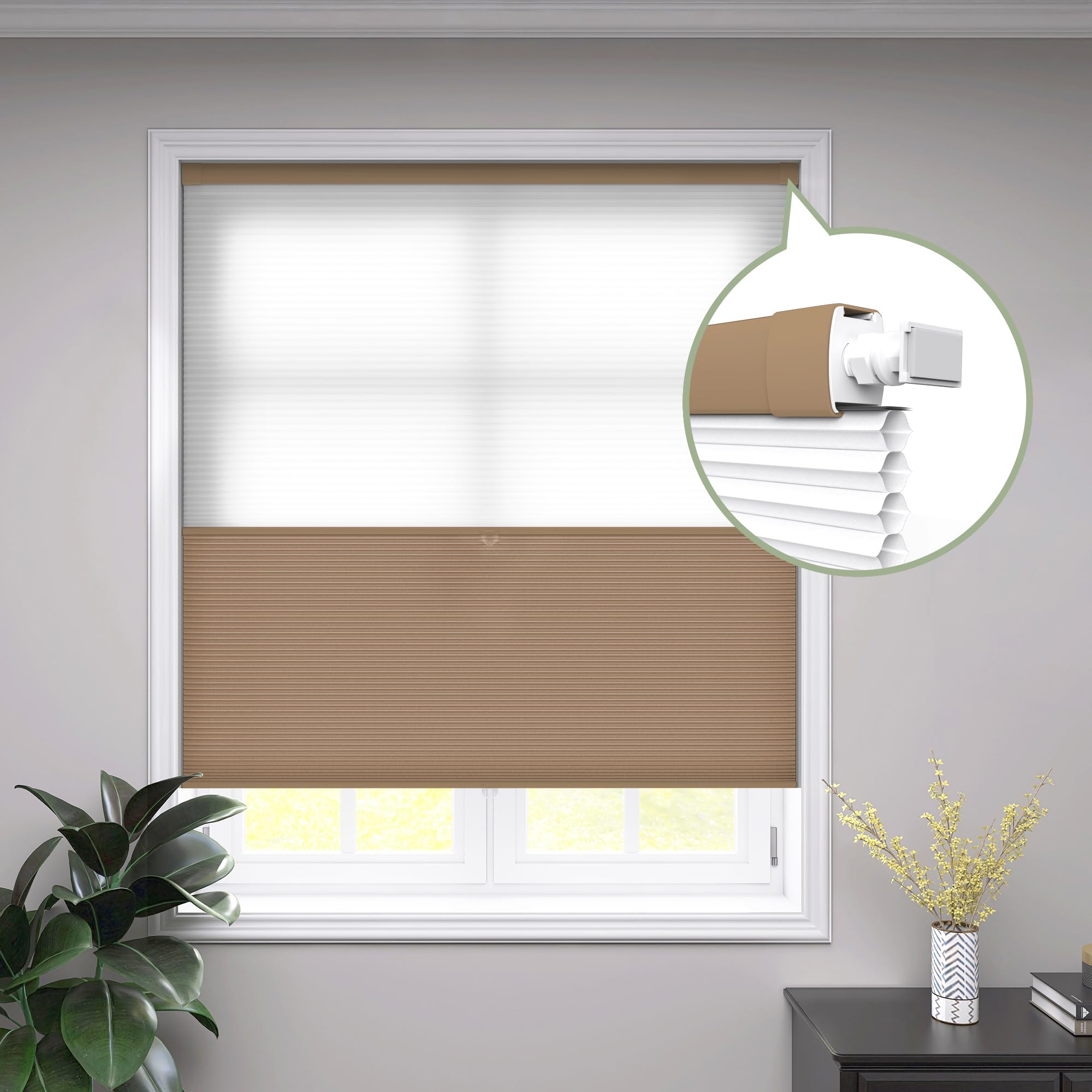 SLKWDOBD No Drill Day Night Cellular Shades Cordless, 2 in 1 Double Honeycomb Blinds, Blackout and Light Filtering Top Down Bottom Up Cellular Shades,
