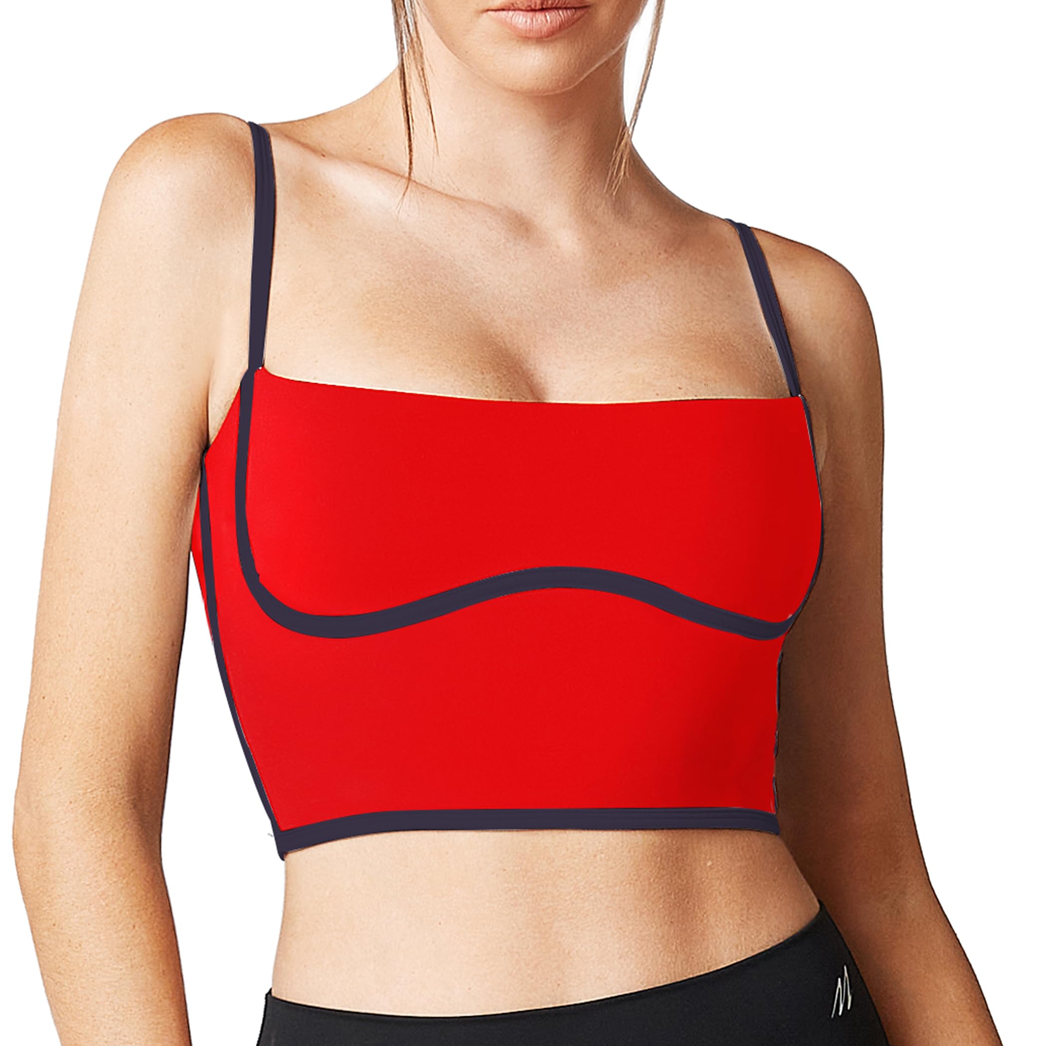 Move With You Sleeveless Spaghetti Strap Padded Sports Bra Tank Tops Square Neck Double Layer Workout Fitness Basic Crop Tops