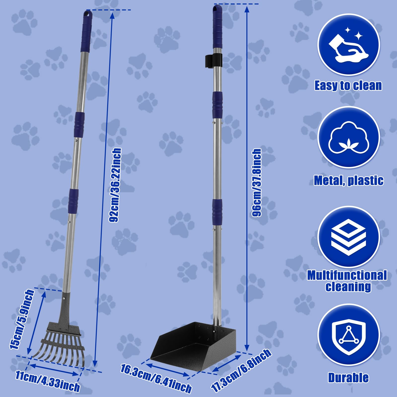 Adjustable Long Handle Pooper Scooper For Dogs - Detachable Rake & Tray Set For Yard Cleaning