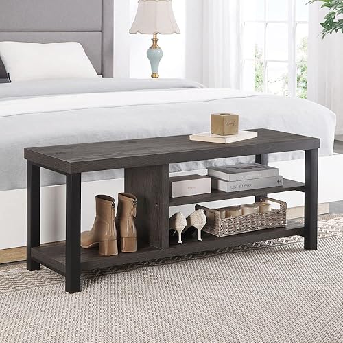 Miniatura 6 de EXCEFUR Banco de entrada, banco de almacenamiento industrial de metal y madera para sala de estar, asiento de banco para zapatos de interior, 43.3