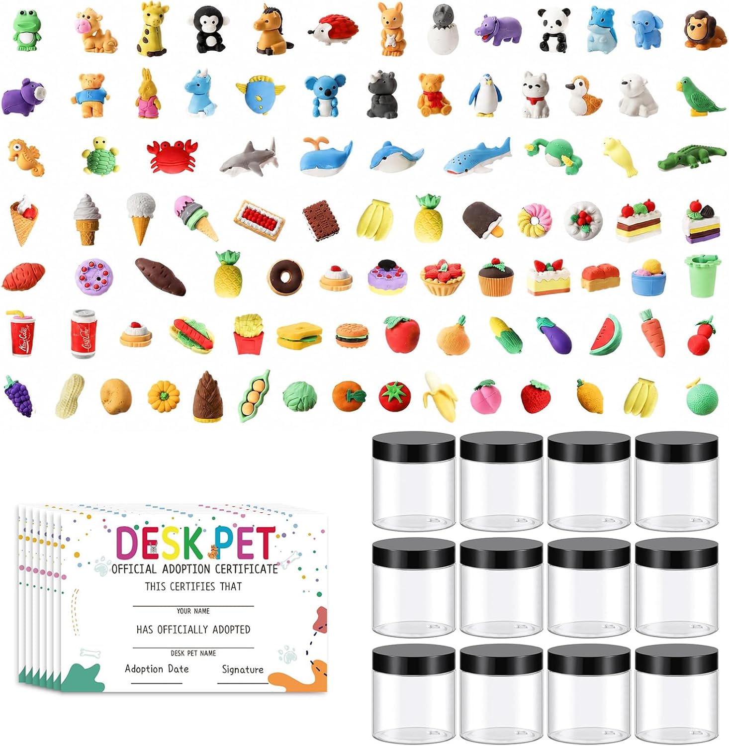 140 Pieces Animal Erasers Desk Pets for Students Desk Pet 3D Animal Mini Erasers Bulk with Clear Plastic Containers and Adoption Certificate for Classroom School Reward Supplies