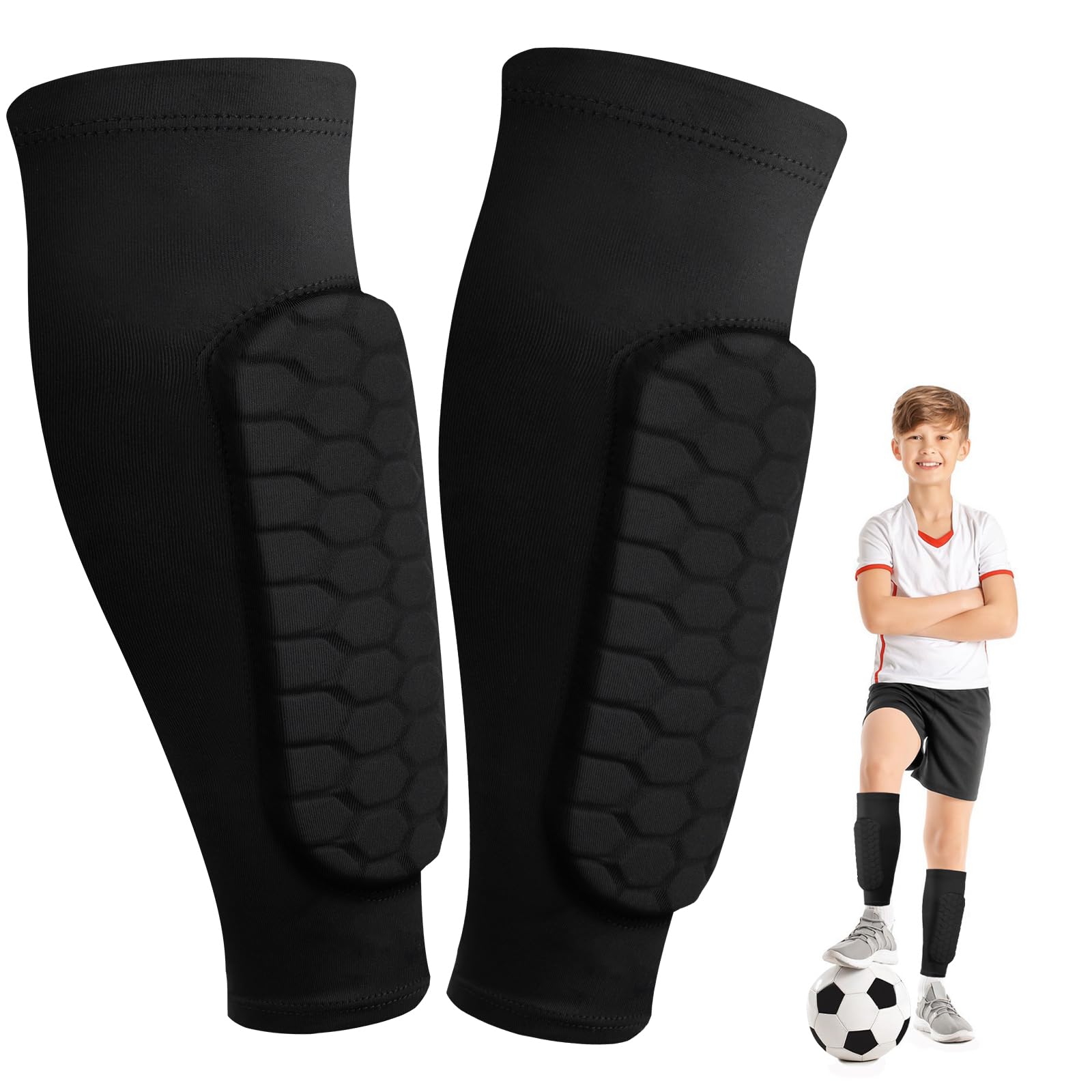 1 Pair Shin Defender, Built in Shin Pads for Boys Girls Teenagers, Football Shin Guards, Breathable and Lightweight, Superior Impact Absorption, Defender Pads for Soccer, Sports (Black, S Size)