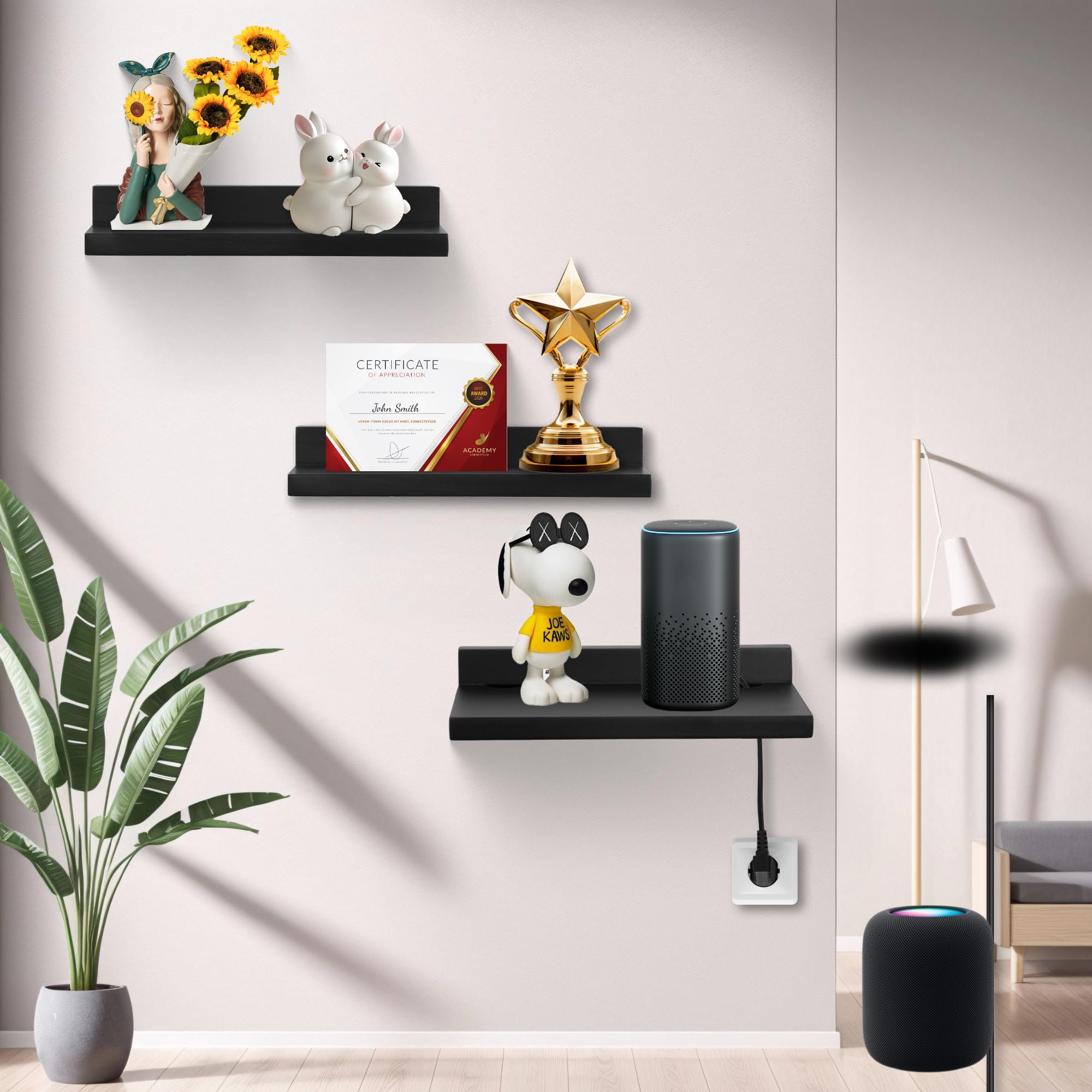 FURAOMEILI Small Floating Shelf for Wall,9 Inch Wall Mounted Shelf with Cord Hole,Small Display Shelves for Cameras Webcam - Image 2