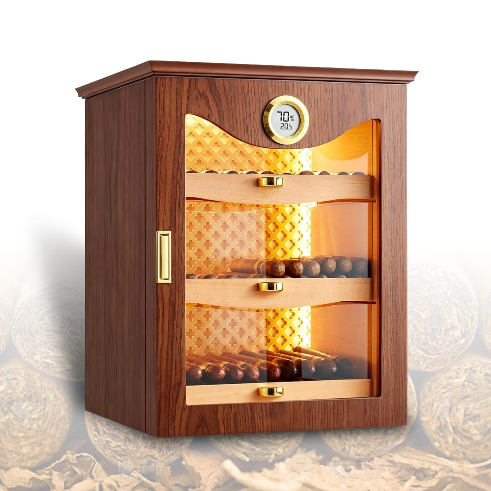 ZHENYUWANG Cigar Humidor, Made Of Aromatic Spanish Cedar Wood, Capacity 130 Cigars, Built-In Precision Electronic Hygrometer, Suitable For Small Apartments Or Personal Use Walnutcolor