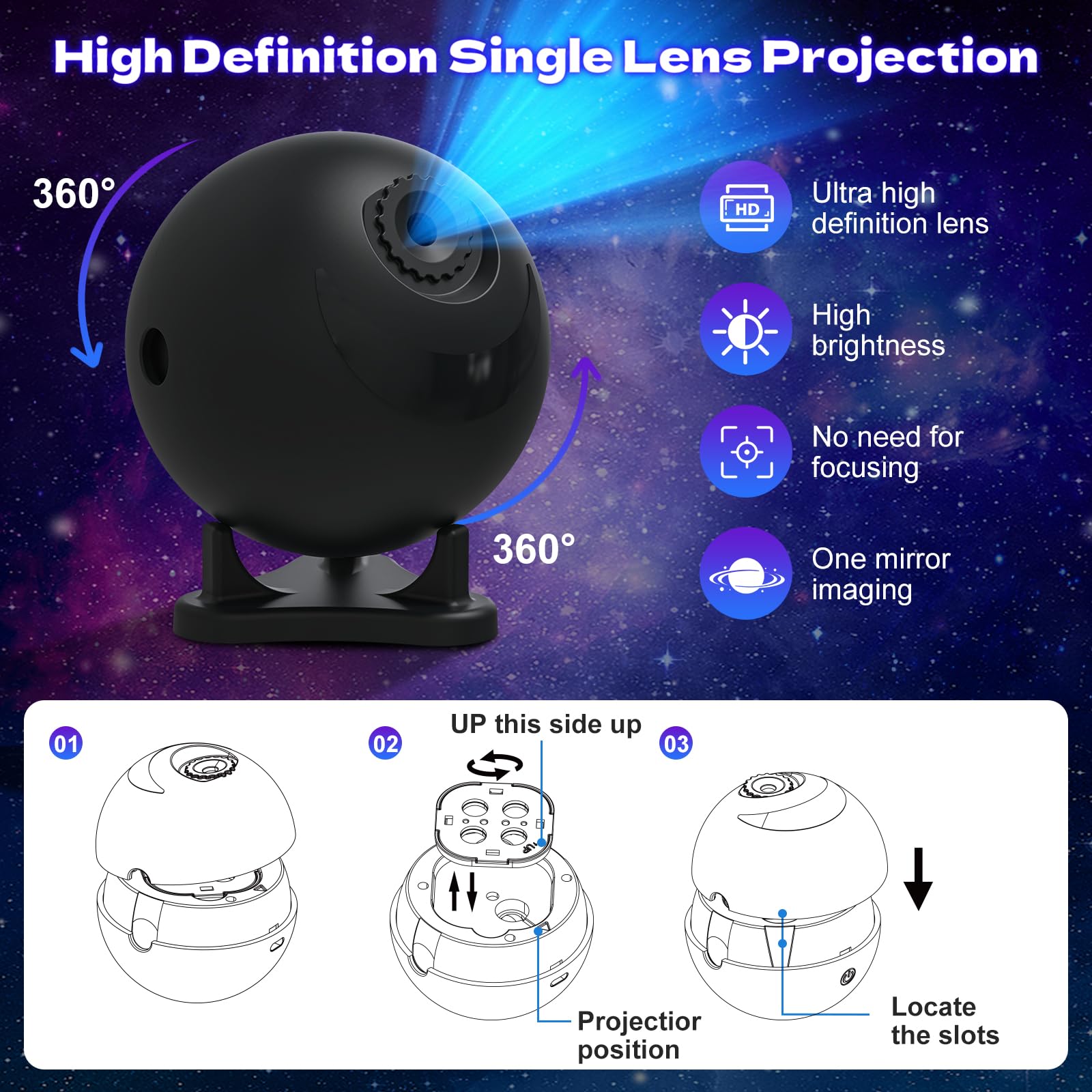 Galaxy Star proiettore luce notturna, 12 dischi pellicola, proiezione ultra HD, silenziosa, alimentazione USB, spegnimento automatico