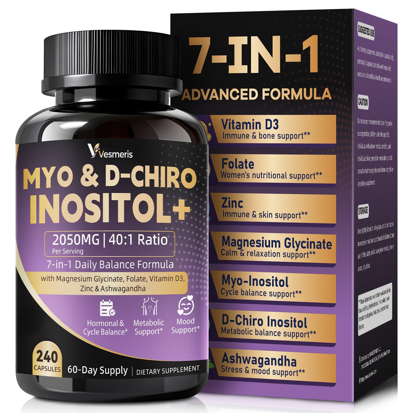 7-in-1 Myo-Inositol & D-Chiro Inositol Supplement for Women, 240 Vegan Capsules, Ideal 40:1 with Folate, D3, Zinc, Magnesium, Ashwagandha for Hormonal Balance, Calm Mood, Ovarian Support, Non GMO