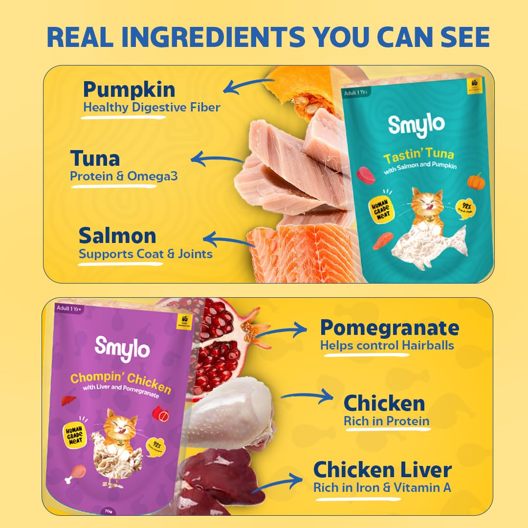 Smylo Natural Healthy Adult Cat Wet Food (1+ Yrs) 70g x 16 Packs | Variety Combo of Chicken, Tuna, Mackerel and Chicken & Tuna Recipes | Grain Free, No Preservatives & By-Products | Vet-Formulated 4