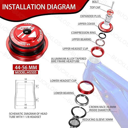 Vista 51 de BUCKLOS 1-1/8 Auriculares para bicicleta MTB sin rosca 34 44 44-50.6 44-55 44-56 1.646-2.047 in, tubo cónico recto para bicicletas de montaña