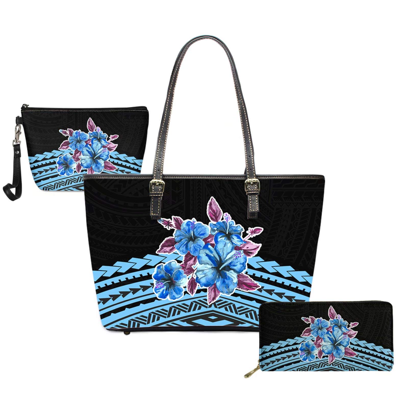 STUOARTE Polynesian Tattoo Leather Wallets Women Tote Bags Cosmetic Bag 3 Pcs