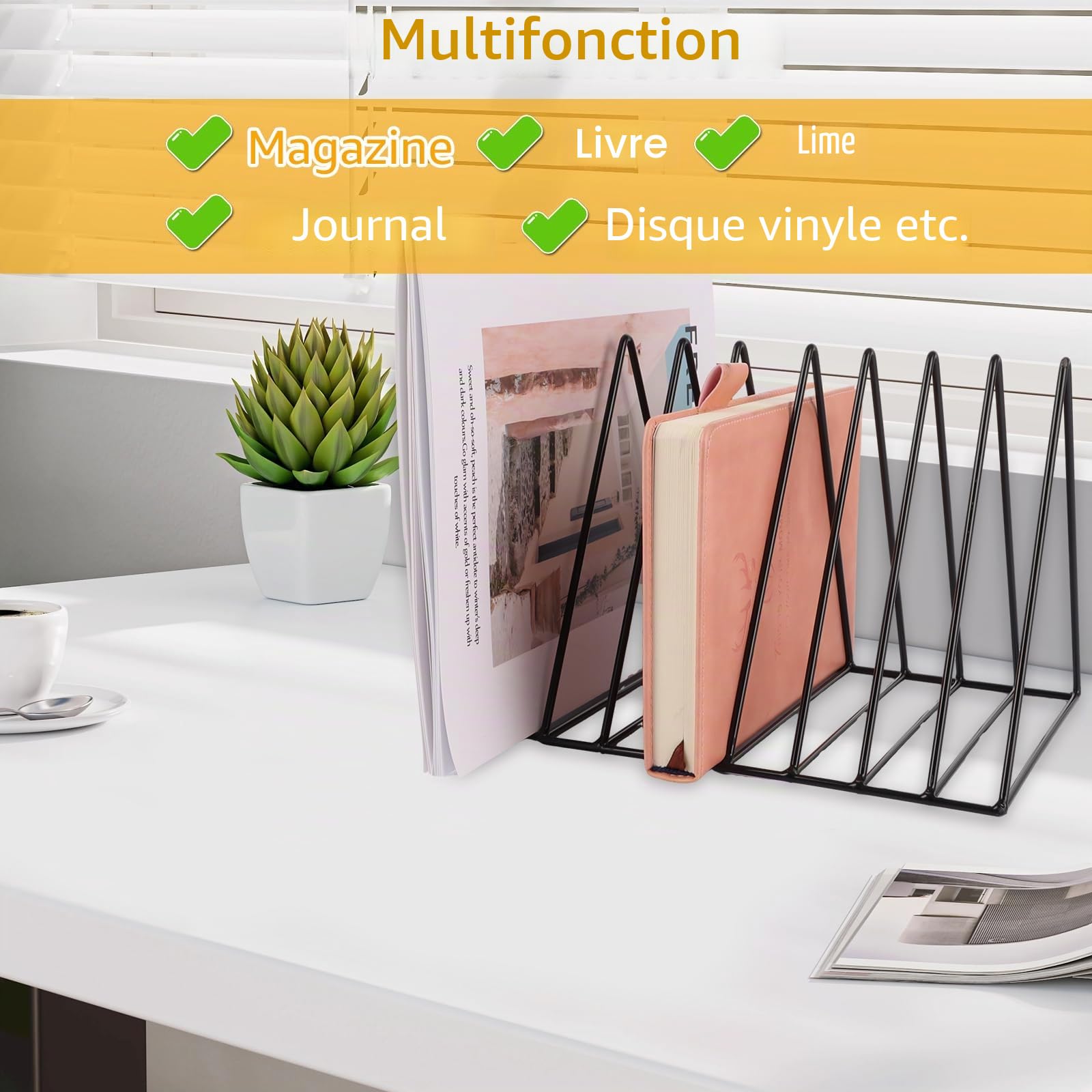 Lot de 4 Rangement/Étagère vinyle Porte-magazines, Noirs, en métal, 9 emplacements, triangulaire, Support à disques Magazines Livres | Déco