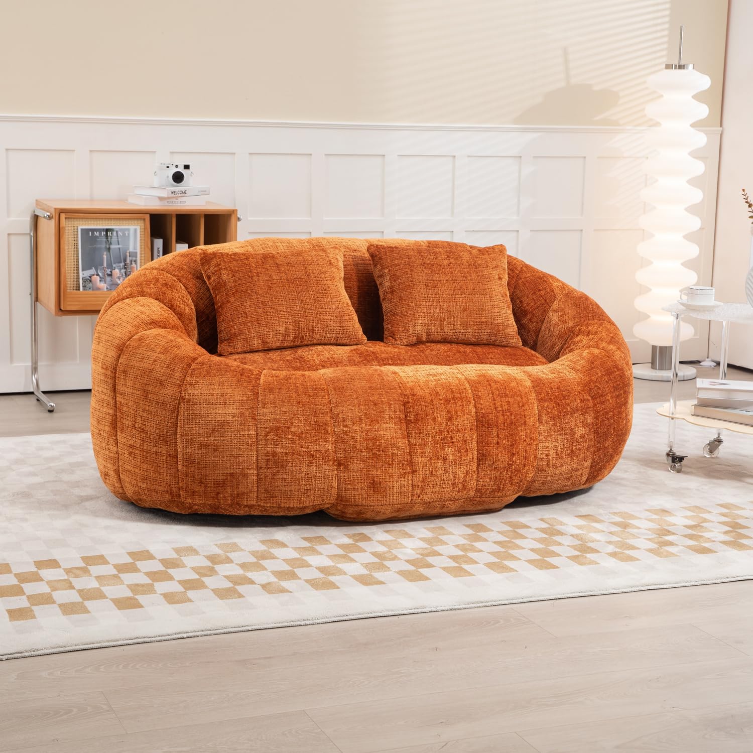 Giant Bean Bag Couch Chair with 2 Pillows, Oversized Memory Foam Bean Bag Sofa, High Back Chenille Floor Lounger for Adults, Living Room, Bedroom (Orange)