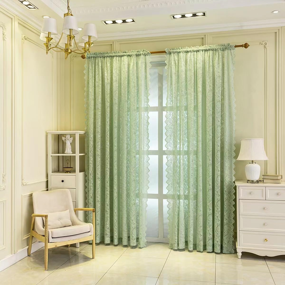 F-CHU Voile Curtains 54 drop Gothic Net Curtain for Window Lace Curtain for Bedroom Kitchen Decor 2 Panels 55 W x 54 L Inch(140cm x 137cm) Green Curtains - Image 2