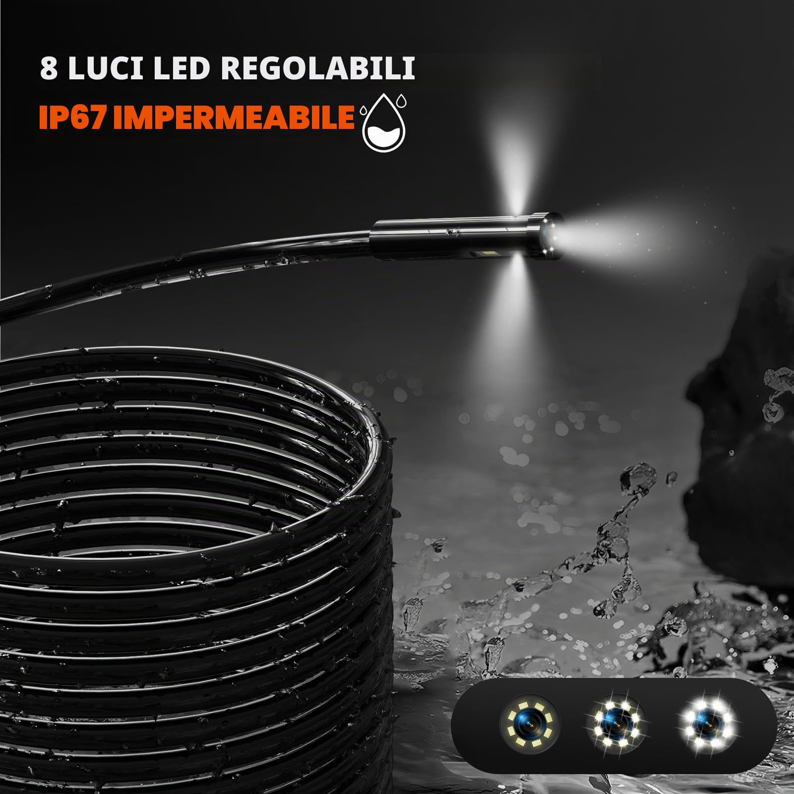 Telecamera Endoscopica Tripla Lente 15m, HD 1080P 5.0 Pollici Endoscopio Industriale con 8 Più 2 Luci LED, Fotocamera serpente da 8 mm, IP67 Impermeabile Telecamera per fognatura, 32G