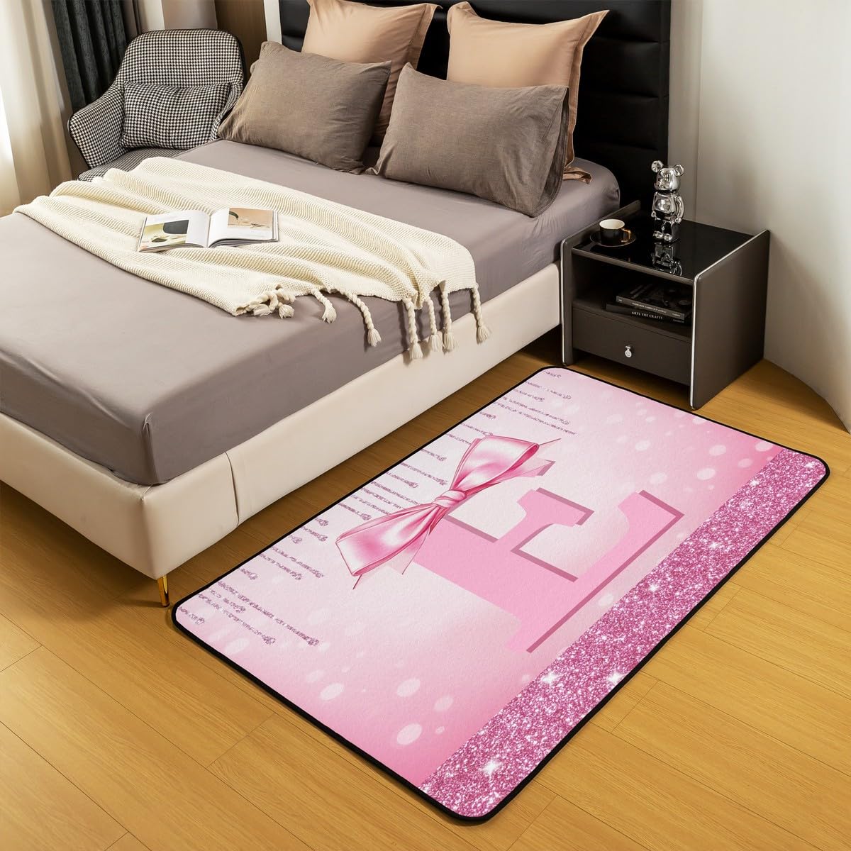Homewish Początkowy dywan w kształcie litery E, 100 x 150 cm, dziewczęcy różowy dywan brokat kokarda wewnętrzna mata podłogowa alfabet litera nastolatka dekoracyjny zmywalny dywan preppy
