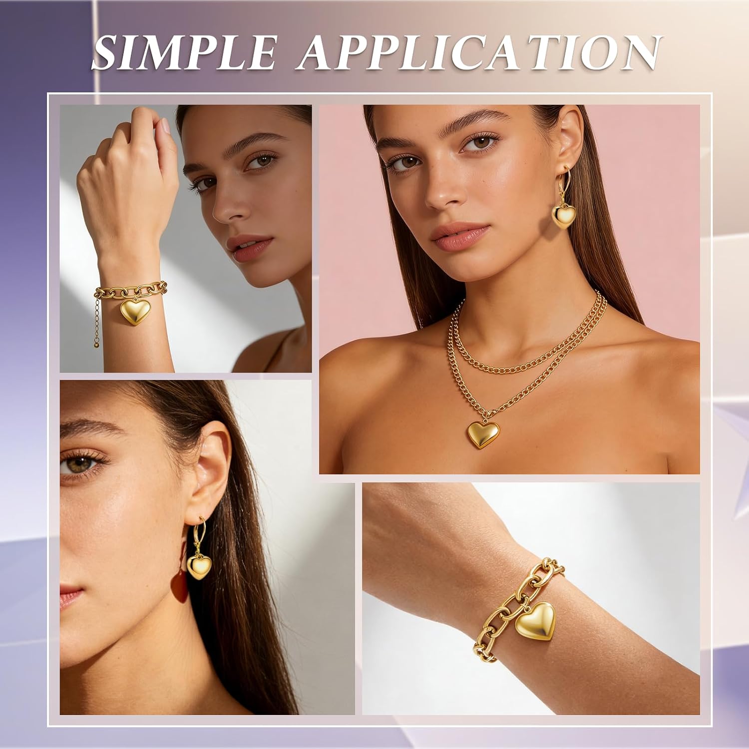 Gold Heart Jewelry Set for Women Hypoallergenic Love Heart Dangle Leverback Earrings Chunky Puffy Heart Pendant Chain Statement Layered Necklaces Bracelets Trendy Love Jewelry Gift - Image 3