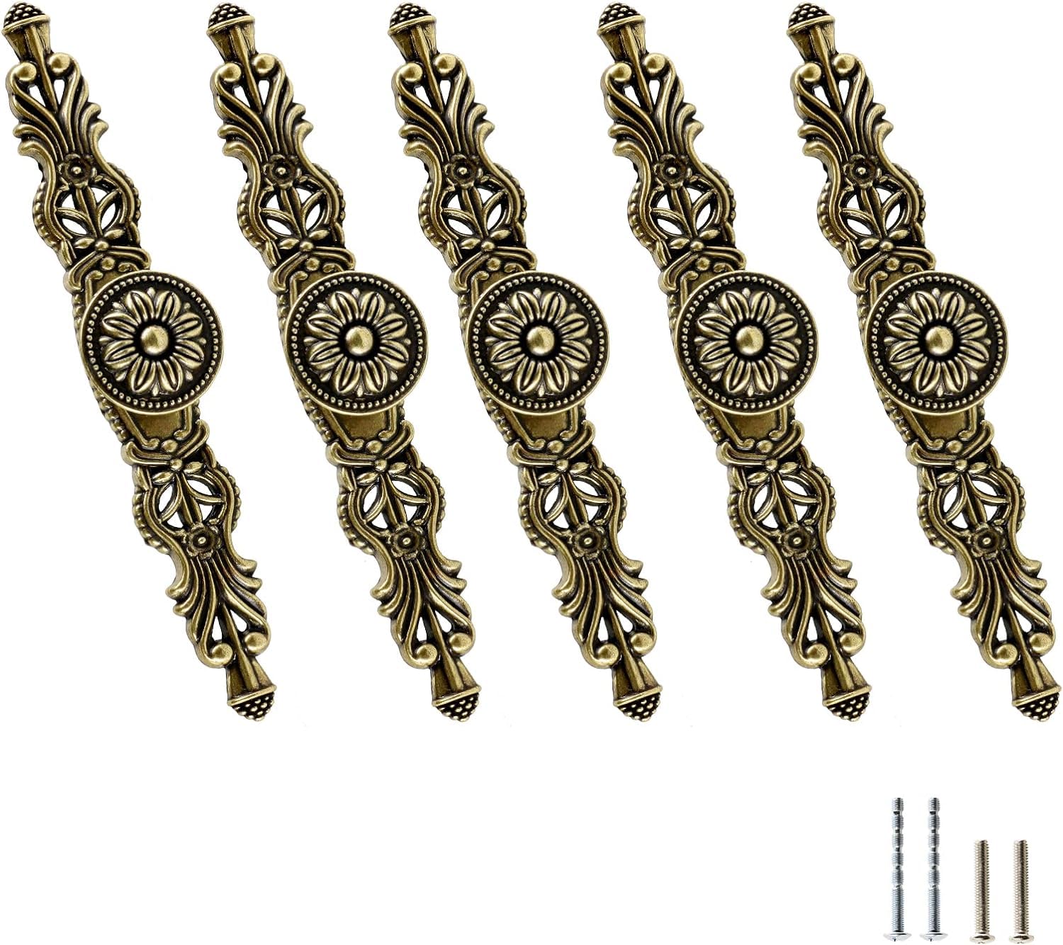 Reyin-Chhn Brown 5Pcs Antique Bronze Cabinet Knobs And Pulls, 3-3/4 Inch / 123Mm Hole Centers Vintage Drawer Knobs With Plate, Retro Dresser Pulls Metal Cabinet Hardware For Drawer Dresser Cabinet Closet
