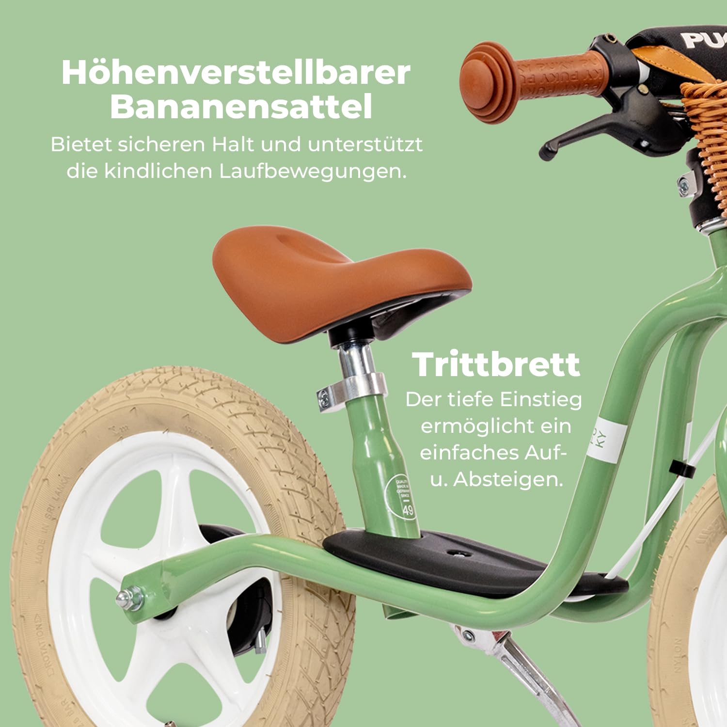 PUKY LR L Classic Retro Green | Lauflernrad 2 1/2 Jahre | Kinder Laufrad mit Bremse | Balance Bike | Ergonomischer Sitz, Sicherheitslenkergriffe & Lenkerpolster | Höhenverstellbarer Sattel & Lenker