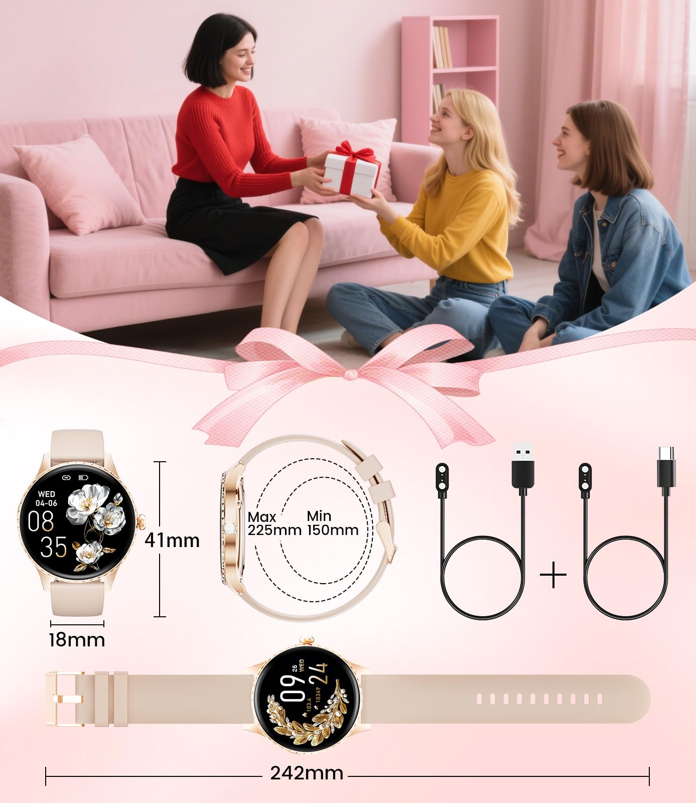 Montre Connectée Ultra-Fine 7,99 mm pour Femme, 1.32" AMOLED Smartwatch avec Appel Bluetooth pour Android iOS, IP68 Étanche, 270+ Cadrans, Fréquence Cardiaque/Sommeil, Or Rose