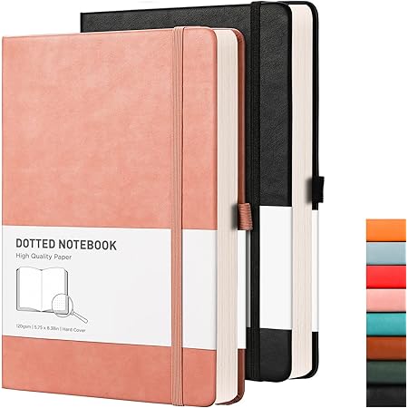 RETTACY Dotted Bullet Grid Journal 2 Pack - Dot Grid Hard Cover Notebook with 320 Pages,120gsm Thick Paper,Smooth PU Leather,Inner Pocket,5.75'' × 8.38'' (Black Pink)