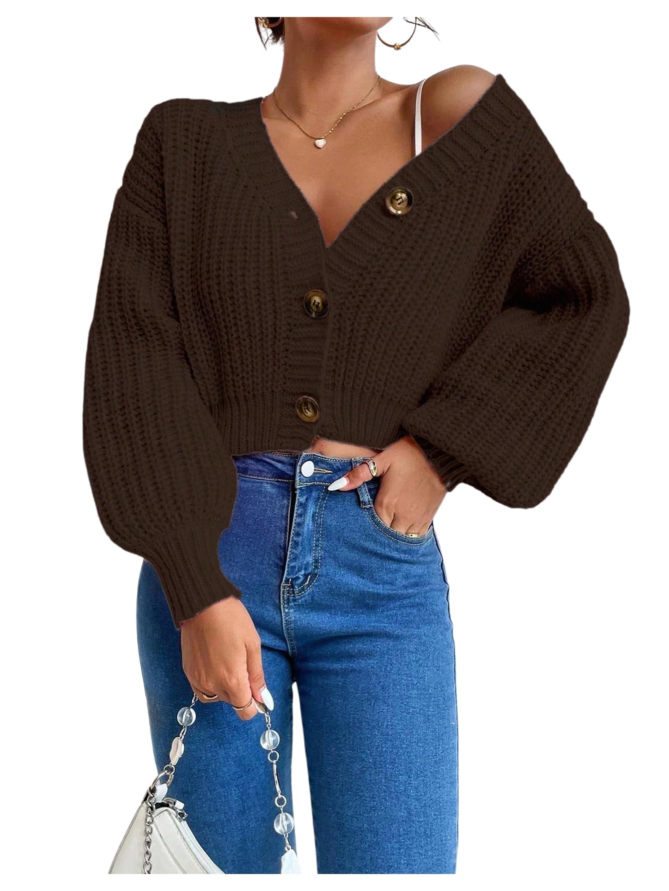GORGLITTER Womens Button Up Cropped Cardigan Sweaters Chunky Knit Long Sleeve Trendy 2025 Fall Cardigans