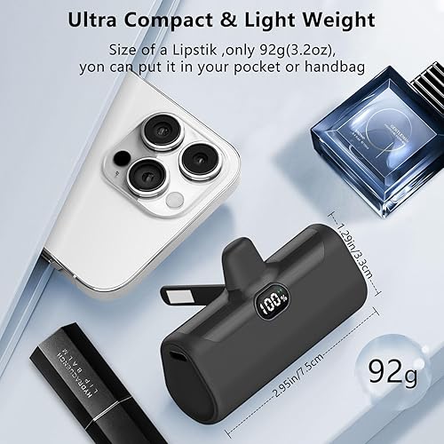 Miniatura 2 de Cargador portátil pequeño USB C, 5000 mAh, ultra compacto, mini banco de energía integrado, soporte para teléfono y luz LED, pantalla LCD PD15W