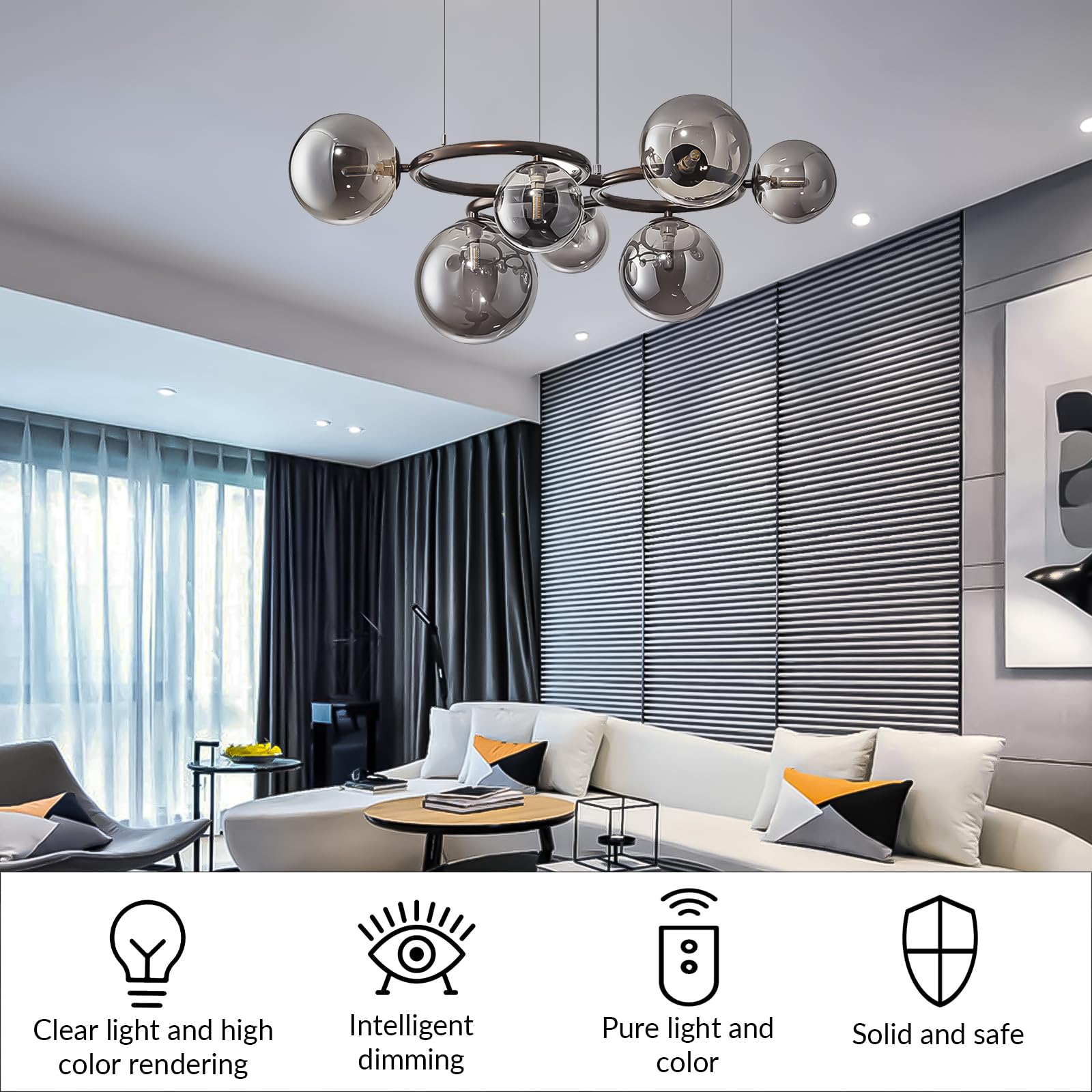 lamp Lampadario in vetro fumé a 7 teste con lampadari anulari a 3 anelli for soffitti alti paralume Magic Bean moderno di metà secolo for sala da pranzo/soggiorno/camera letto/cucina (nero) lampada