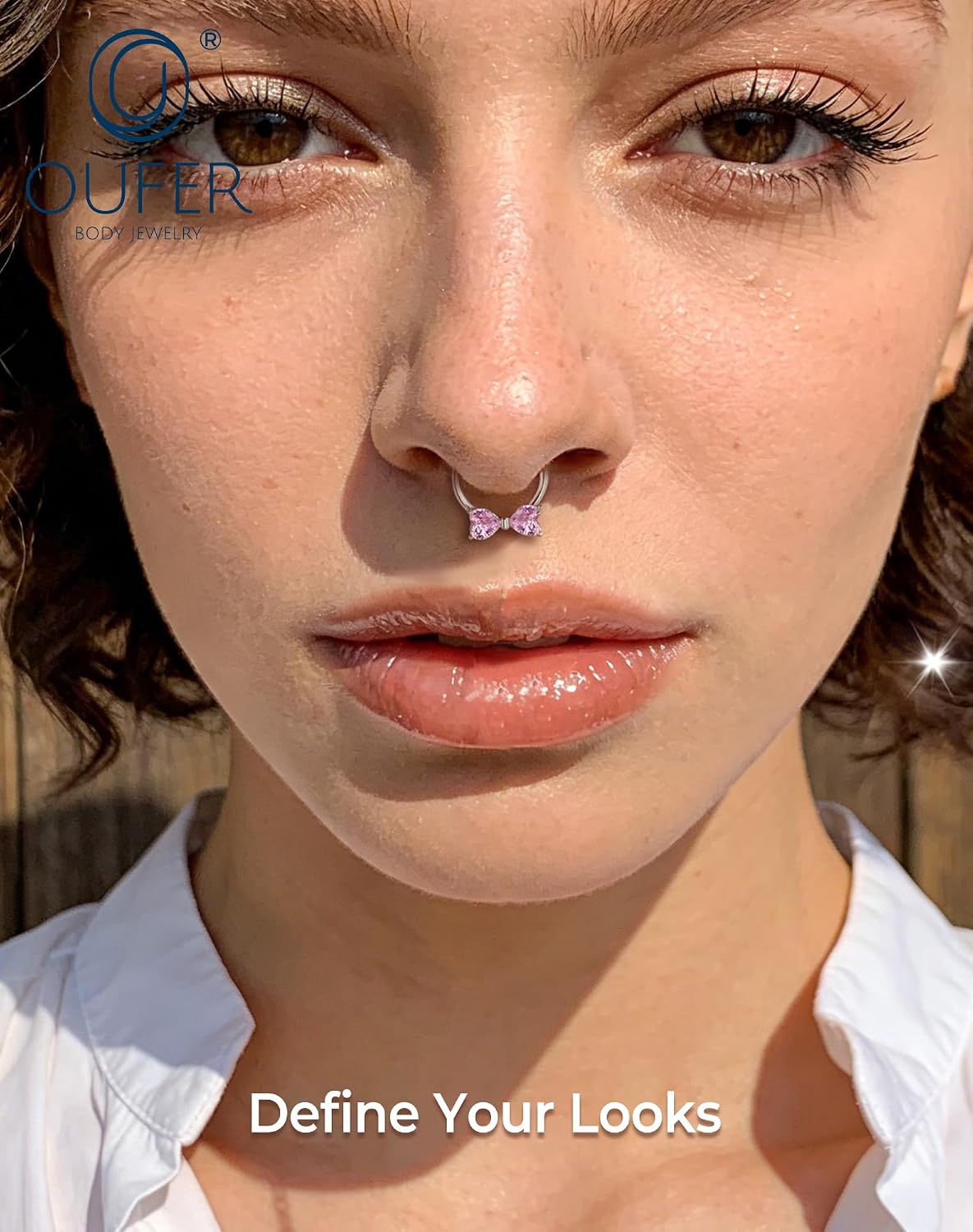 OUFER Septum Rings 16G 8/10MM, Pink Clear CZ Heart Shaped Bow Septum Jewelry 316L Surgical Steel Daith Piercing Jewelry -Helix Cartilage Daith Rook Tragus Earrings Hoops