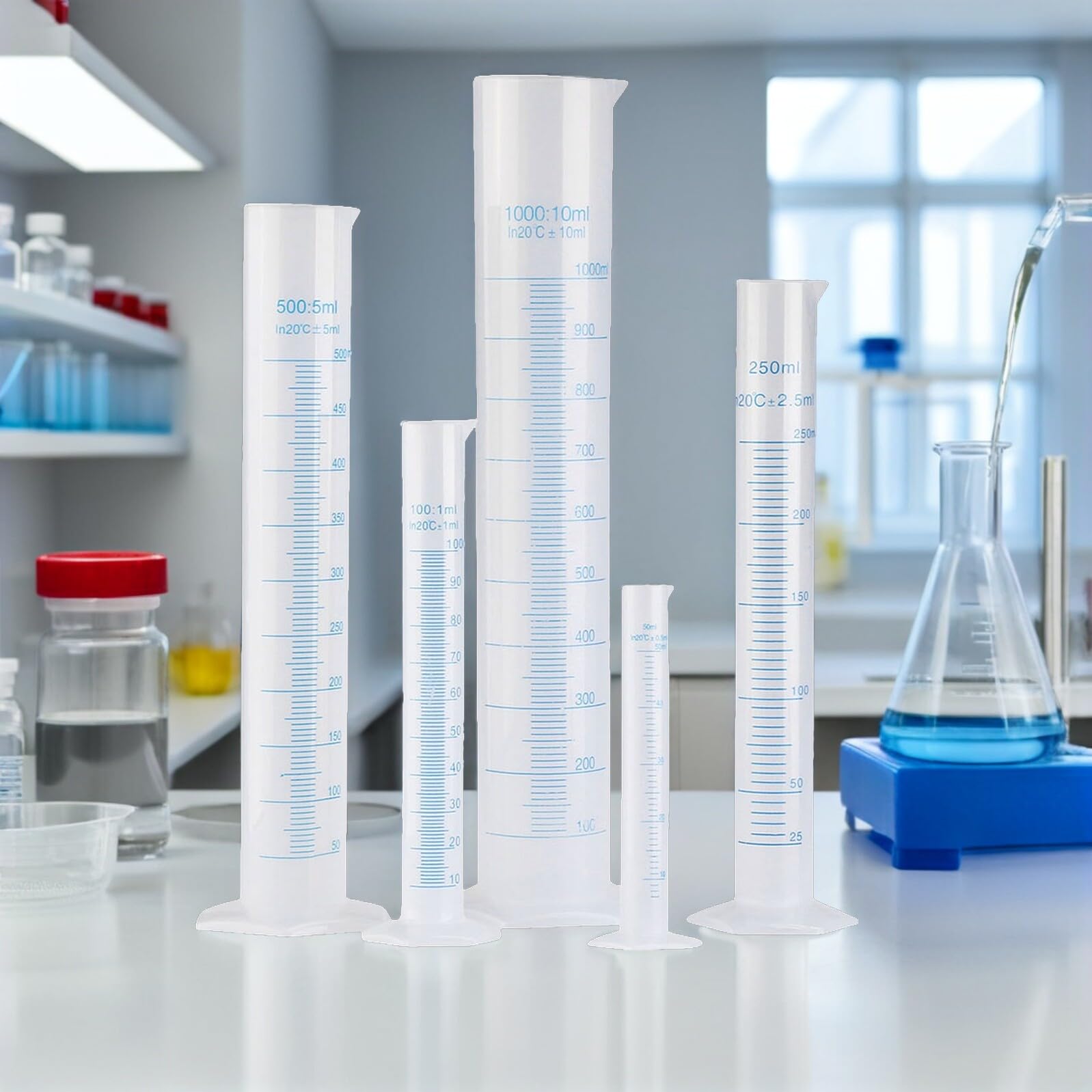 Beavorty Cylindre Gradué en Plastique Transparent avec Base Stable Ensemble De 50Ml À 1000Ml pour Mesure Précise en Laboratoire Et Usage Scientifique
