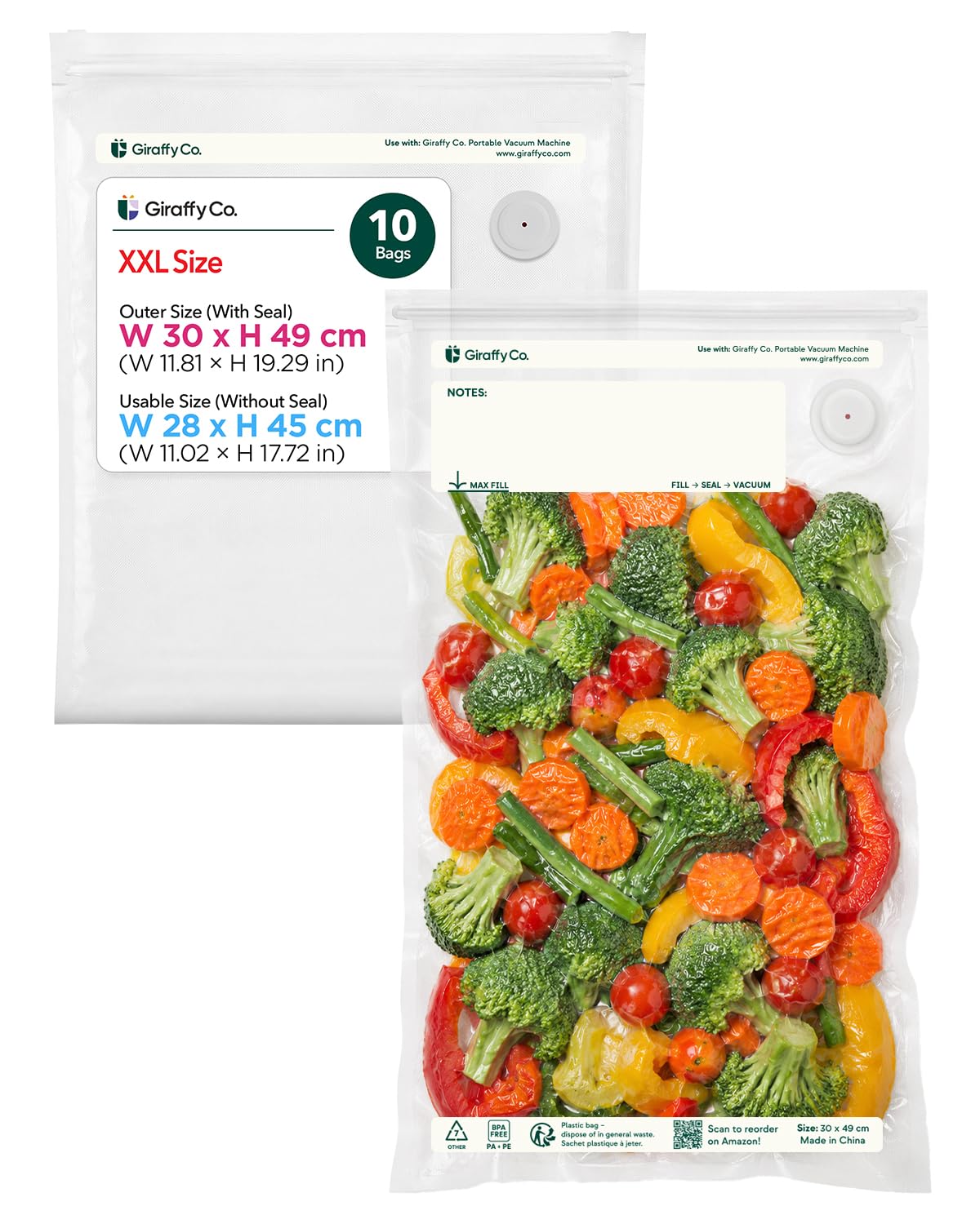 GIRAFFYCO 10 XXL Reusable Vacuum Sealer Bags, 33 x 49 cm, Food Storage Bags