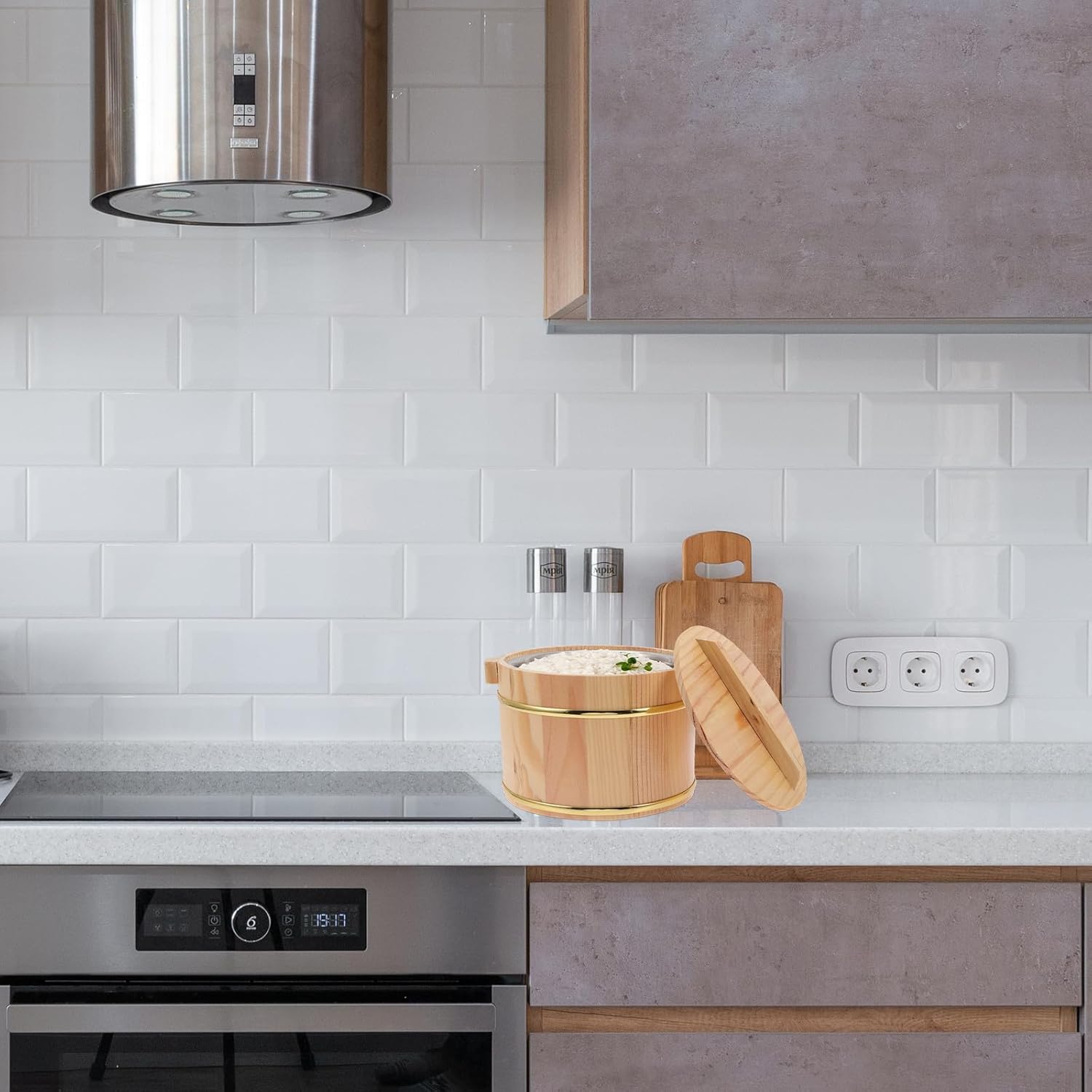 of Wooden Rice Steamed Bucket Handle Lid Kitchen Utensil Rice Storage Container for Restaurant