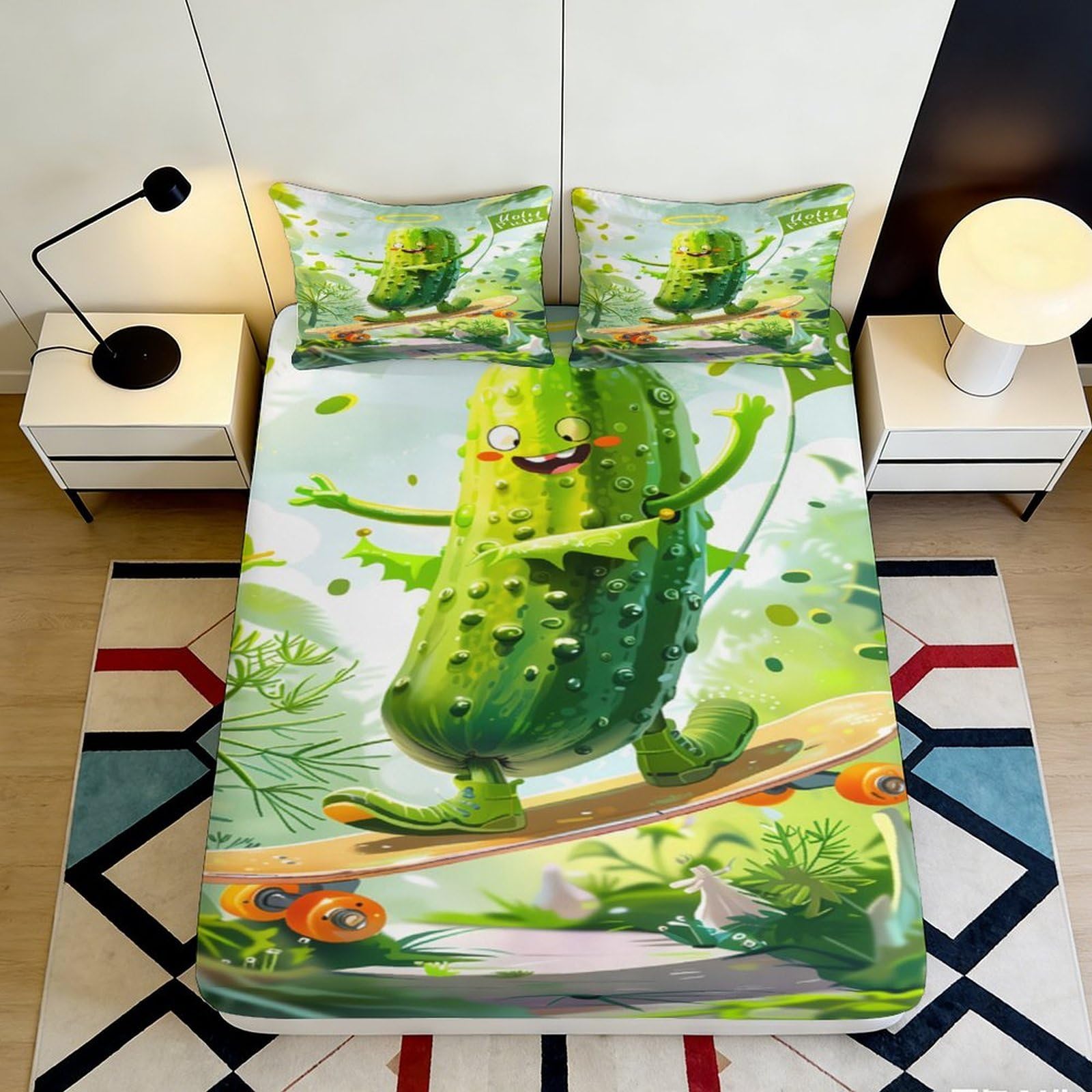 Jqzkxnhpbr Style-6 3D Printed Skateboarding Pickle Fitted Sheet Microfiber Soft Bedroom Decor Vegetable Cartoon Bed Cover For Home Dorm 90X200x25cm