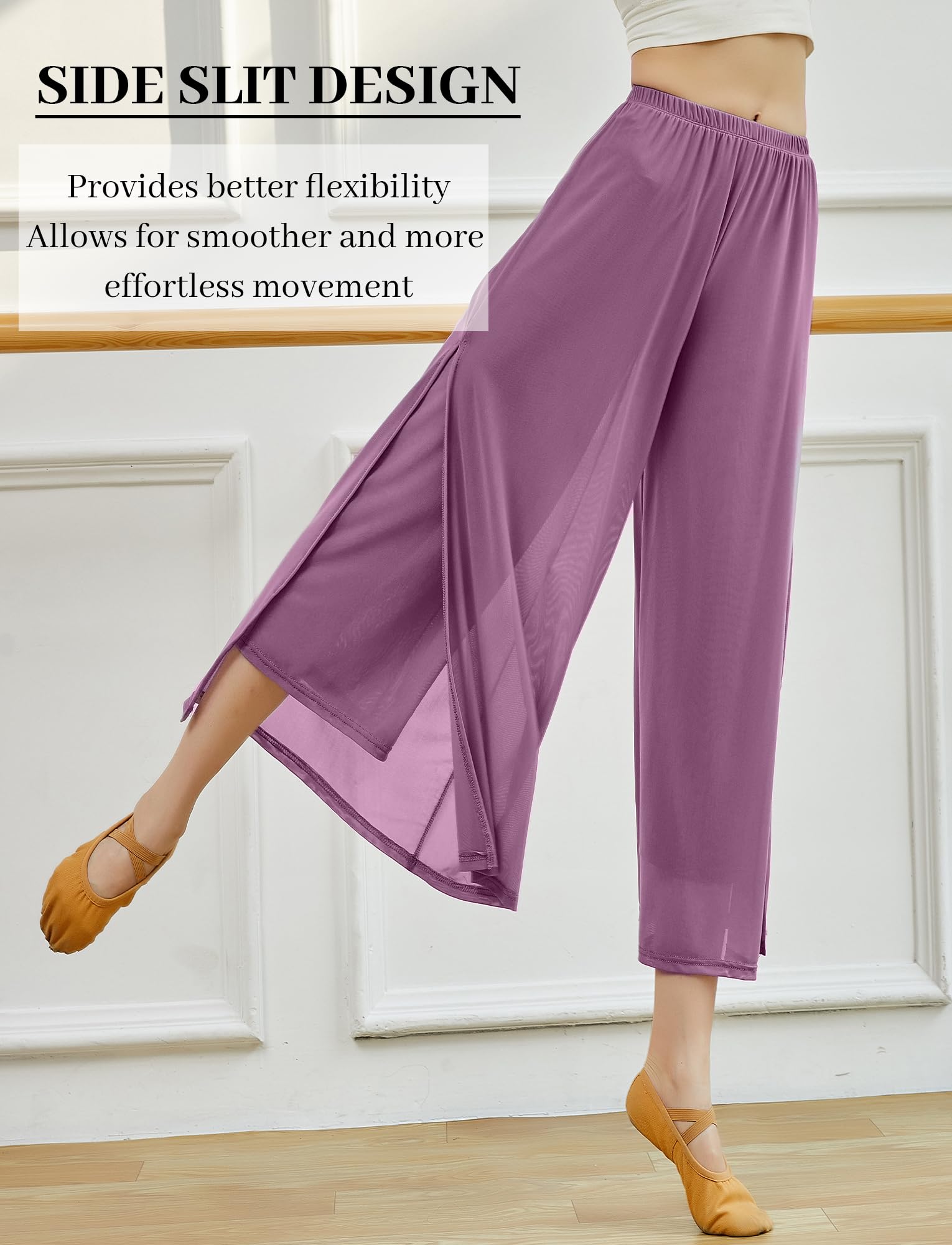SEAUR Pantalones palazzo fluidos para mujer con abertura lateral, cintura elástica para baile lírico, disfraz clásico contemporáneo