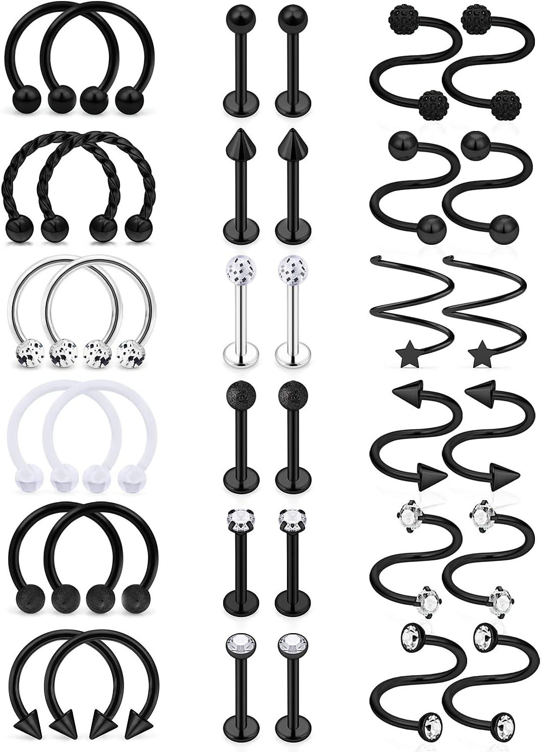 SCERRING Tragus Earrings 16g Stainless Steel Horseshoe Lip Rings Nail Tragus Helix Rook Cartilage Earrings Studs Ring Medusa Piercing Jewelry 8mm 36PCS