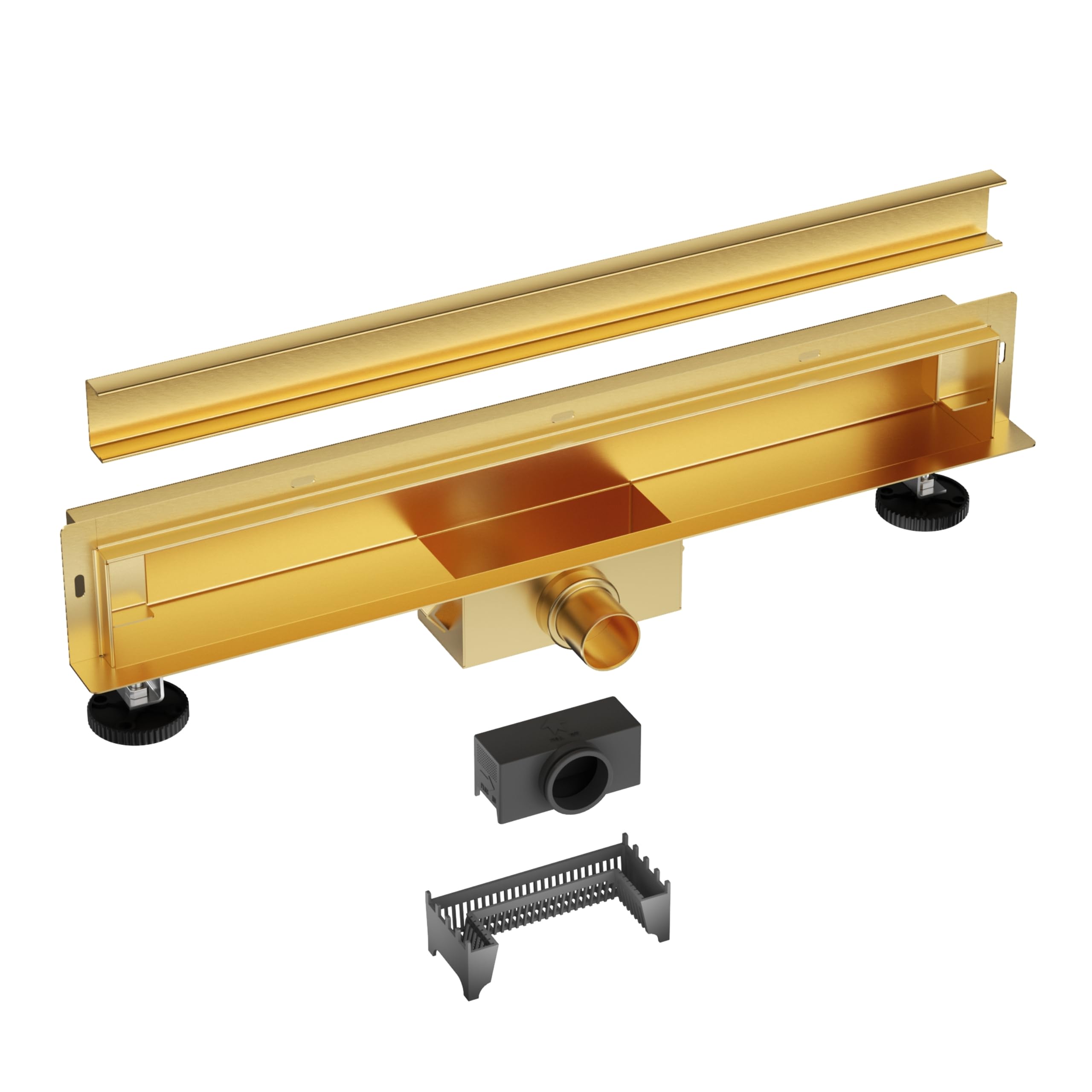 Canaleta de Ducha Kit Completo 80 cm Dorado Desagüe de Pared para Ducha - Canal de Drenaje Plano con Filtro para Pelo - W-Drain Next 2en1 Sifón Antiolores