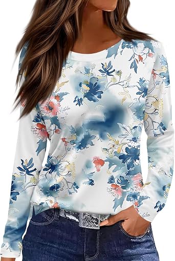 Long Sleeve Shirts for Women 2026 Fall Fashion Basic Trendy Crew Neck Printed Casual Tops Pullover Clothes Blouse