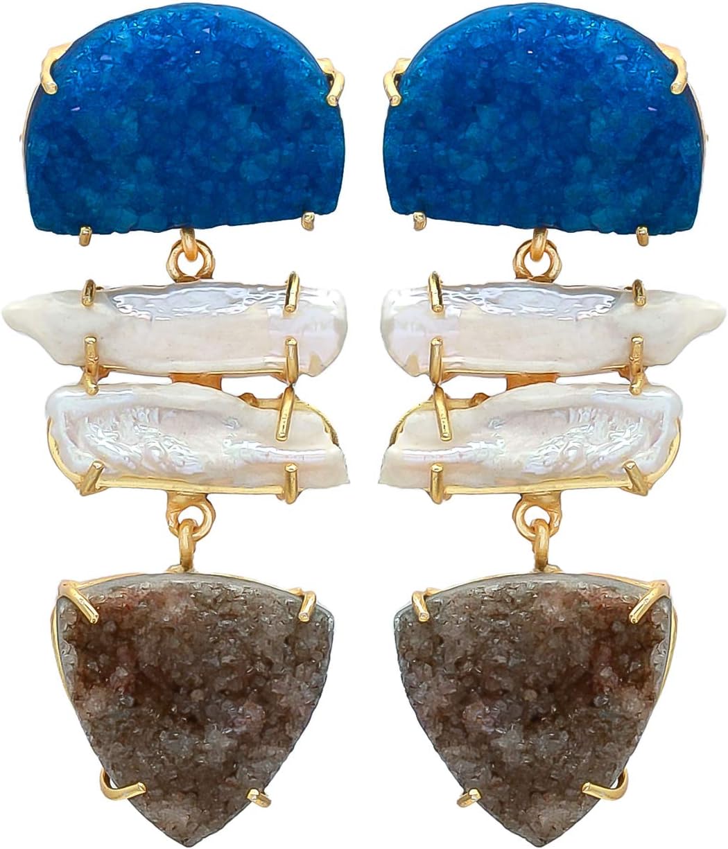 Statement Earrings, Druzy Agate Pearl Earrings, Gift for her, Dangle Earrings, Handmade Earrings, Natural Gemstone Earrings