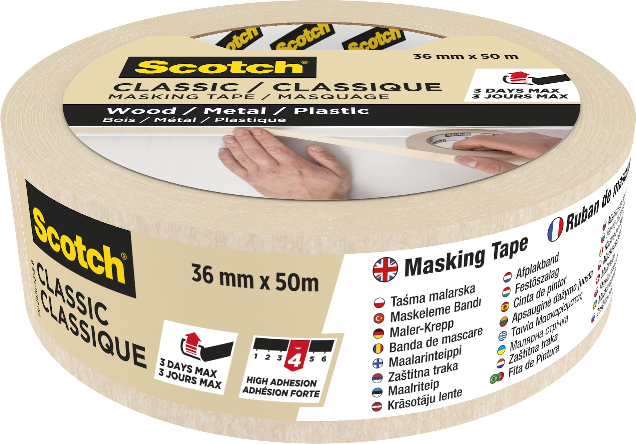 ScotchBlue, Scotch Classic Masking Tape, 16 Rolls 36mm x 50m - Adhesion - Painters Masking Tape for Indoor Painting and Decorating