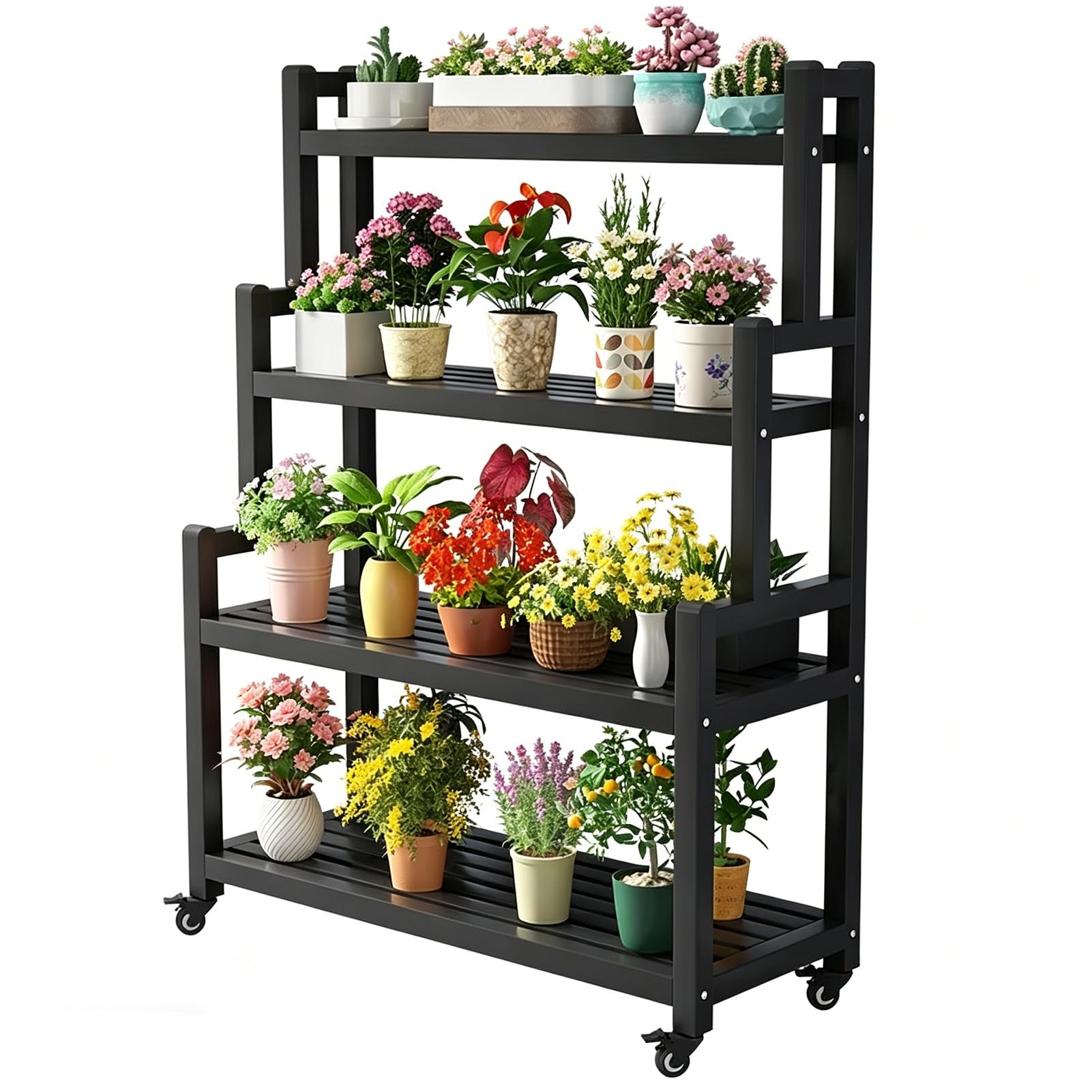 DMCHENGMA Garden Shelf Flower Plant Stand with Wheels Black Metal Rack 4 Tiers Decorative Storage Shelves Display Stands Storage Racks(80x40x145cm)
