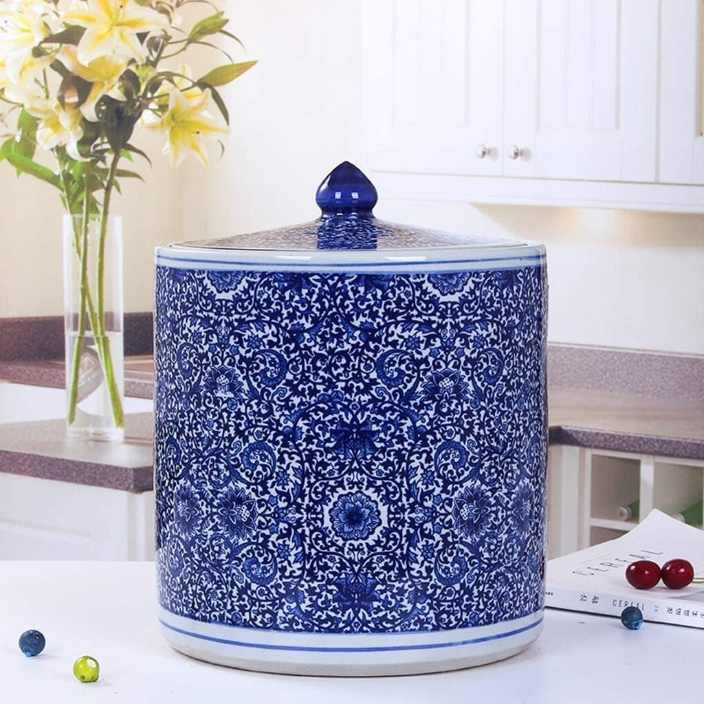 Food Storage Containe Rice Storage Containe Rice Storage Bucket Blue and White Porcelain Pattern Rice Bucket Kitchen Ceramic Airtight Jar with Lid Creative Gift Home Decoration (Blue b)