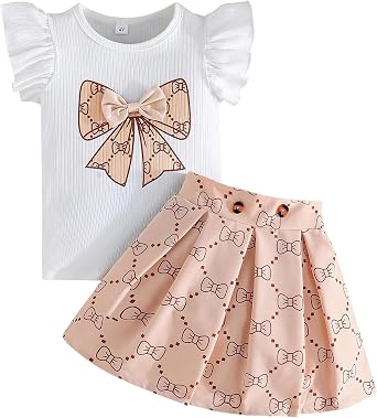 Azmxynol Toddler Girls Clothes Cap Sleeve T-Shirt + Bowknot Print 2pcs Summer Shorts Outfit Set For Girls, Size 4-8 Years