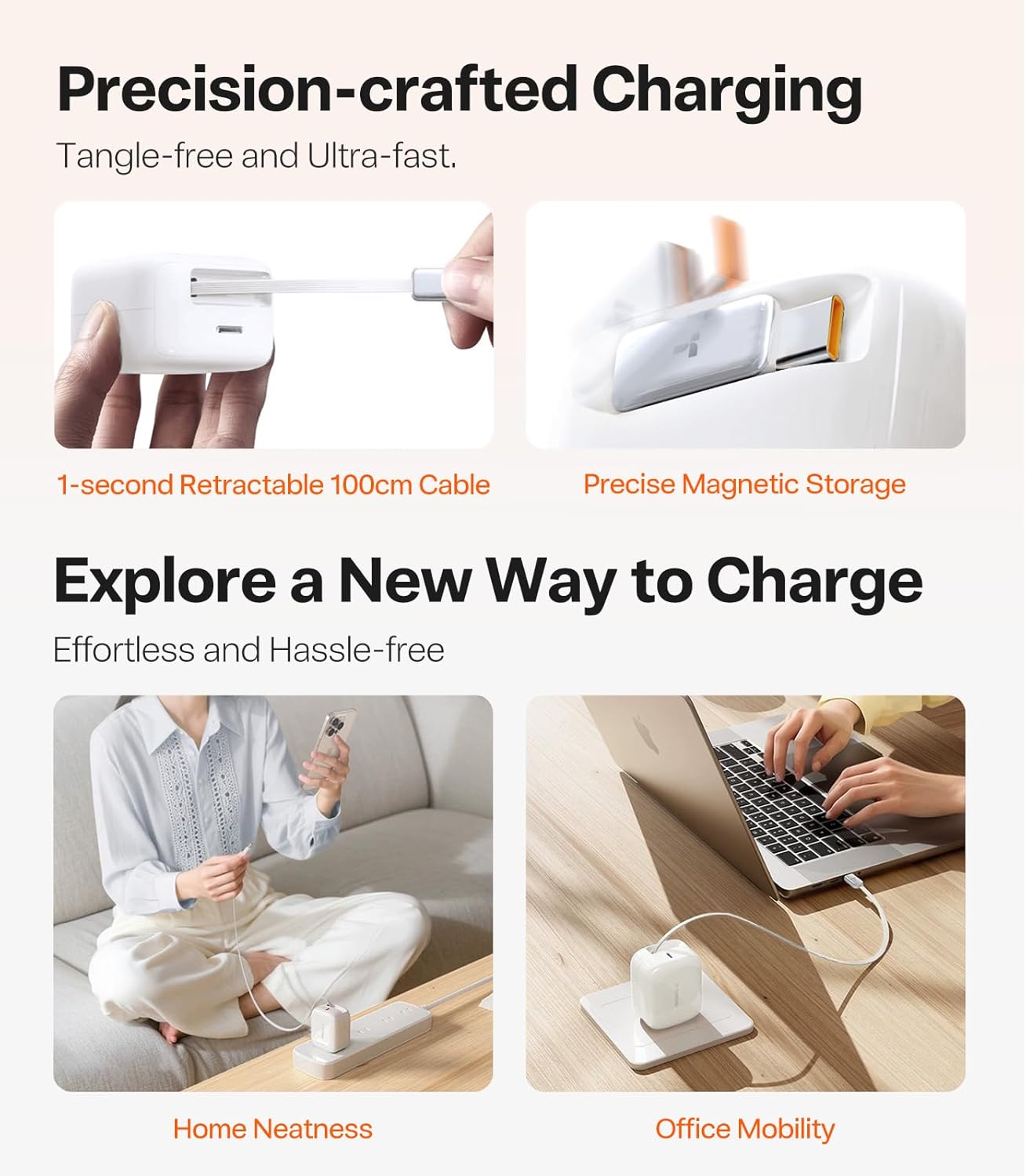 TORRAS FlexLine 67W Retractable USB C Charger Block,for iPhone 17 Charger Fast Charging, GaN Ⅲ USB C Cable with Dual-Port for MacBook Pro/Air,iPad, Samsung Galaxy S25 Ultra/iPhone 17 Pro Max, 39.37in - Image 3