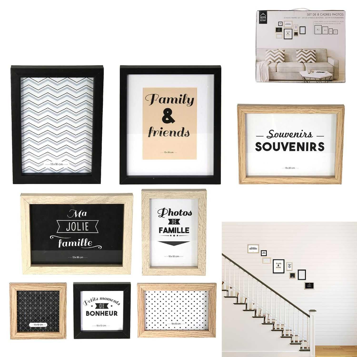 HOME DECO FACTORY - Ensemble Cadre Photo Mural en Bois - Décoration Moderne et Ludique - Conçu pour Salon ou Chambre - 1 Photo 15 x 20 cm - 3 Photos 13 x 18 cm - Couleur Noir Blanc Marron