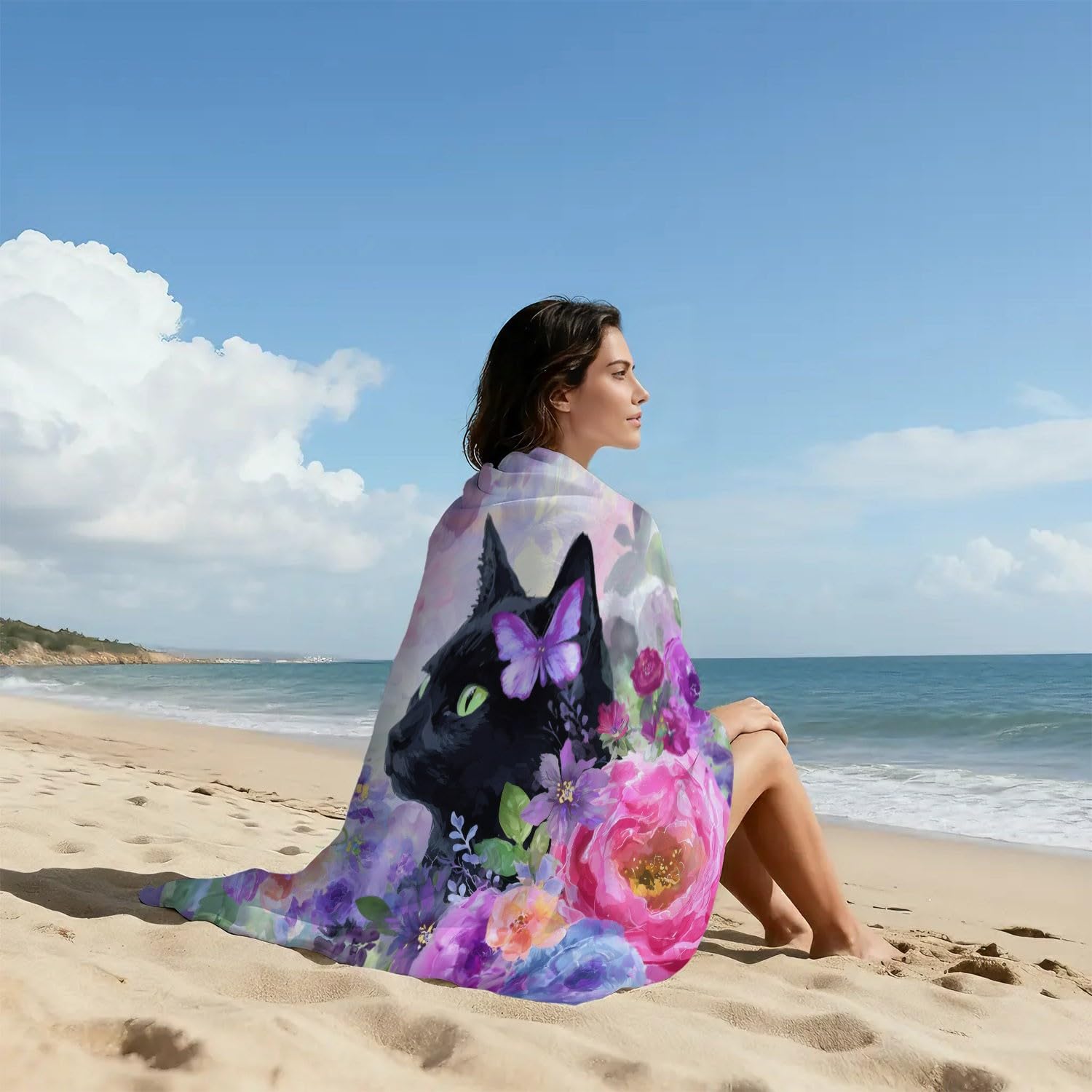 Serviette de Plage Microfibre 200 x 100 CM,Drap de Plage Élégant, Onirique, Aquarelle, Couverture de Plage Absorbante,Couverture de Bain Chat Noir, Papillon, Fleurs
