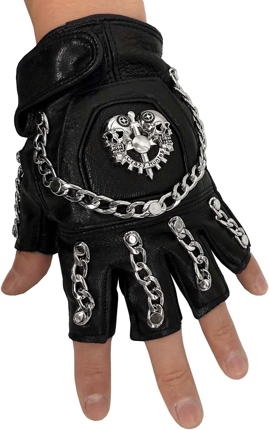 Skull Chain Biker Leather Gloves Mens Punk Rock Dancing Fingerless Gloves with Bracelet